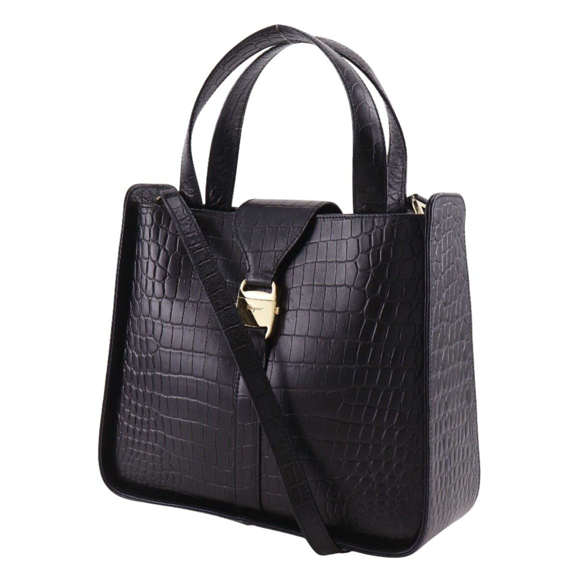 Salvatore Ferragamo logo handbag 2-way shoulder bag DY-21 0239 embossed leather black A5 open women's