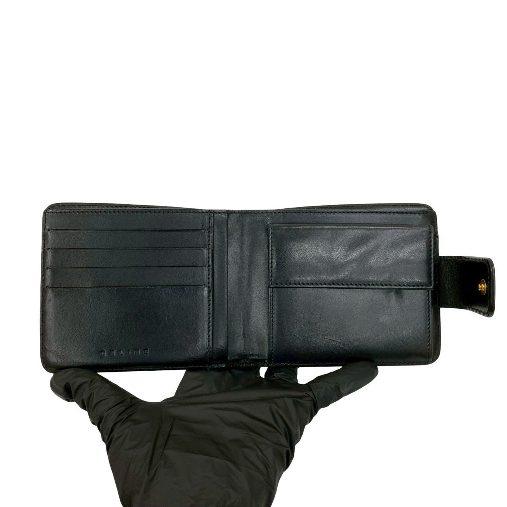 CELINE Vintage Macadam Blason Triomphe Leather Bi-fold Mini Wallet in Black and Brown (36494)