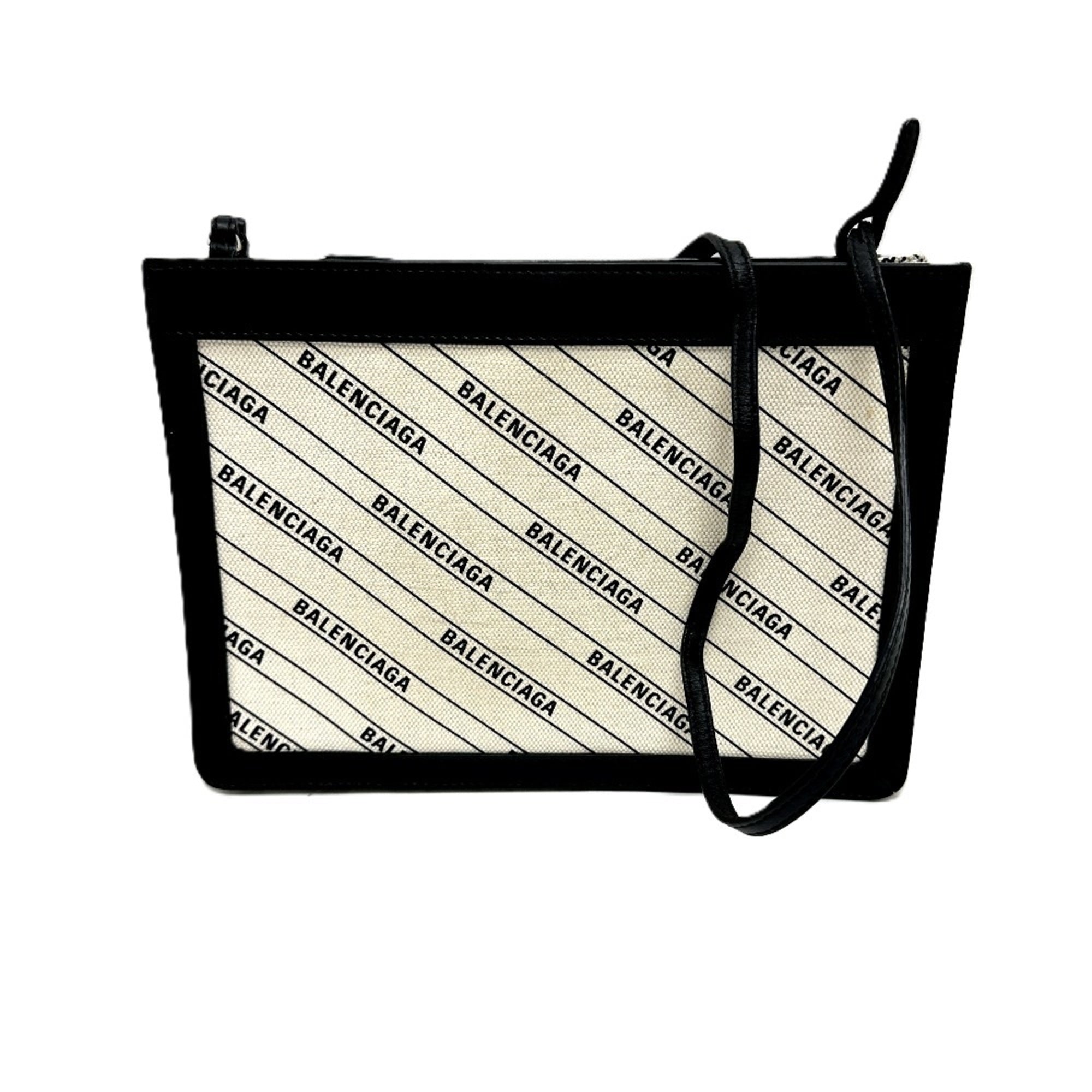 BALENCIAGA 528147 All-over print pochette bag, crossbody, shoulder leather, canvas, women's, white x black, like new — Like New