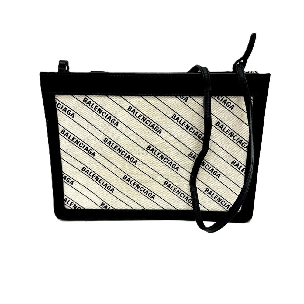 BALENCIAGA 528147 All-over print pochette bag, crossbody, shoulder leather, canvas, women's, white x black, like new — Like New