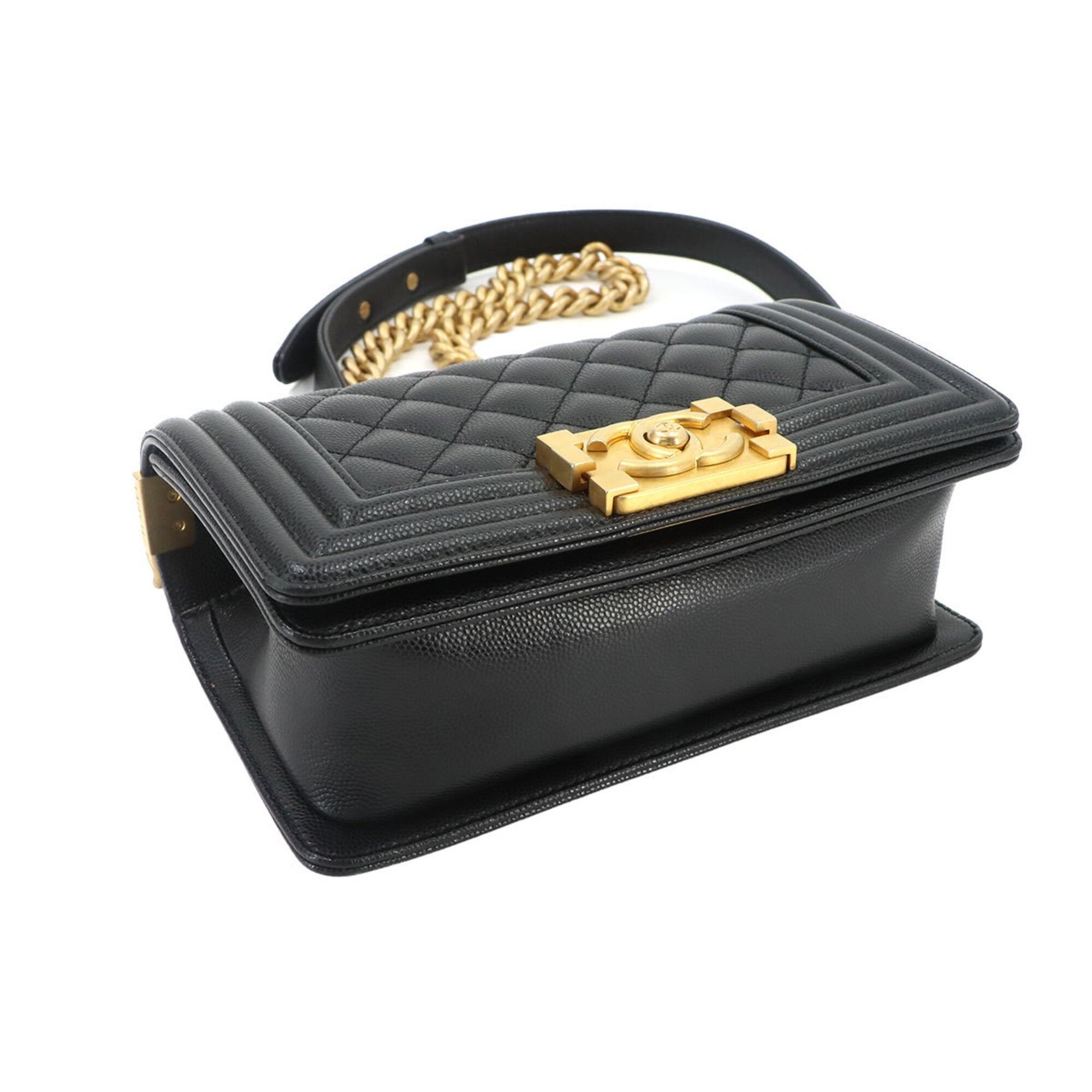 Chanel Boy Small Chain Shoulder Handbag, Caviar Leather, Black, A67085, Gold Hardware — Like New
