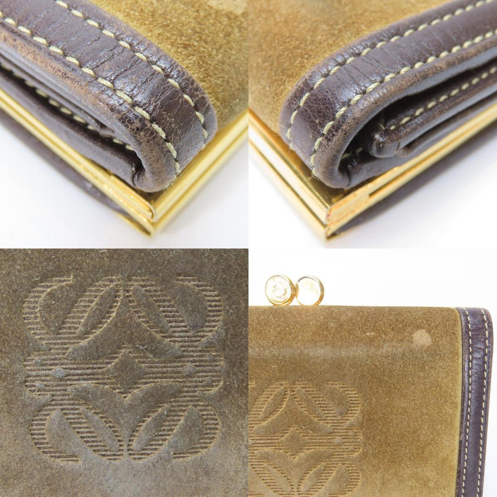 LOEWE Tri-fold Wallet Suede Leather Khaki Brown Anagram Accessory Women's