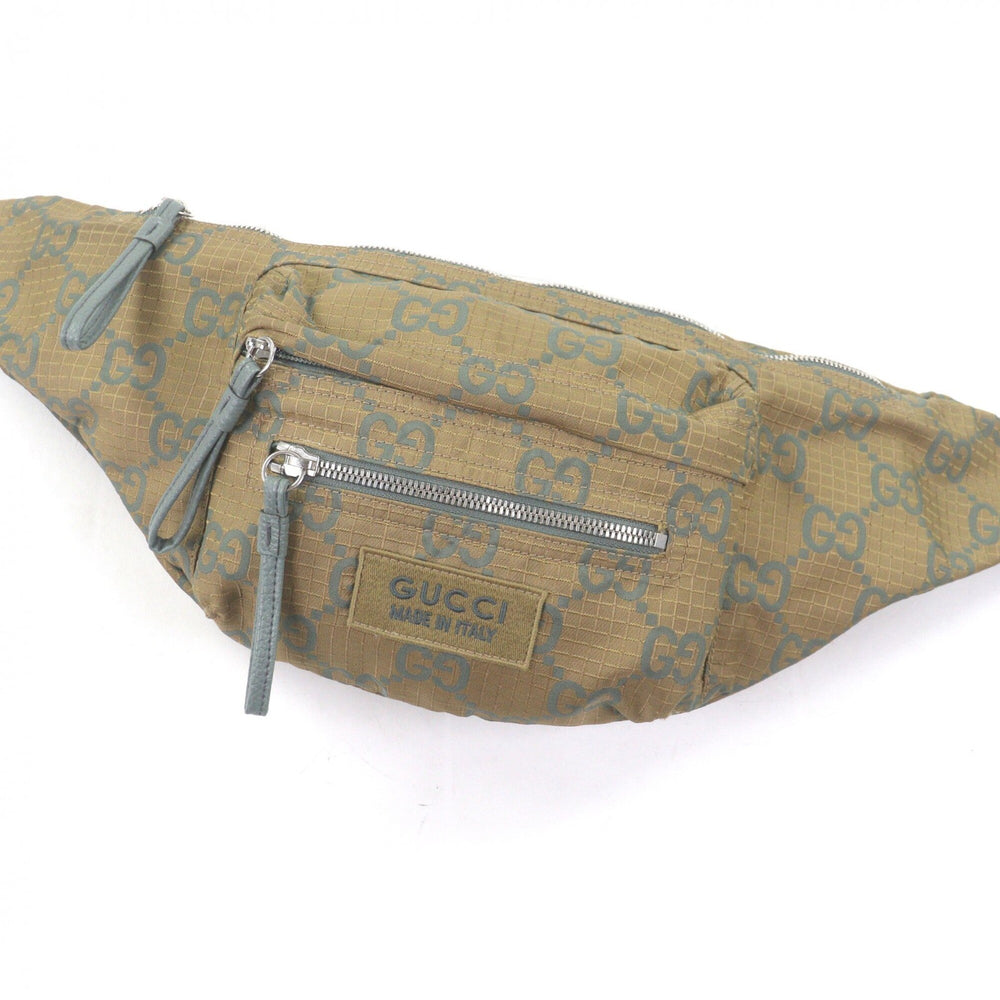 GUCCI 792287 Ripstop Nylon GG Logo Pattern Belt Bag/Body Bag/Waist Pouch with Patch, Khaki, Made in Italy, Men's — Like New