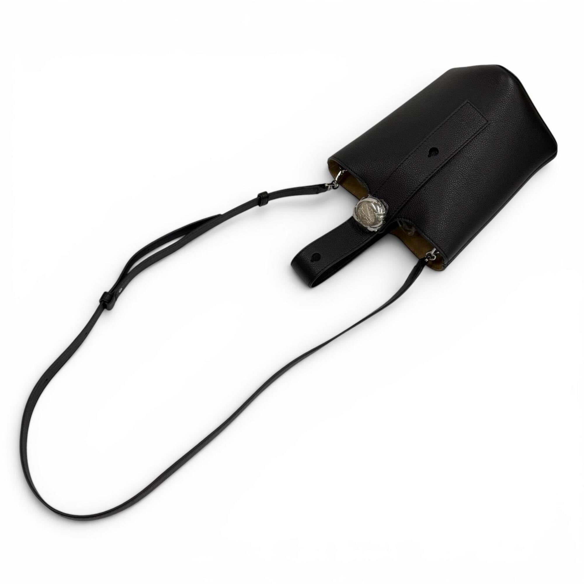 LOEWE AANBBBMX31 Pebble Bucket Bag Mini Soft Grain Calf Anagram Leather 2-Way Shoulder Black Silver Hardware Made in Spain Women's Comes with Dust — Like New