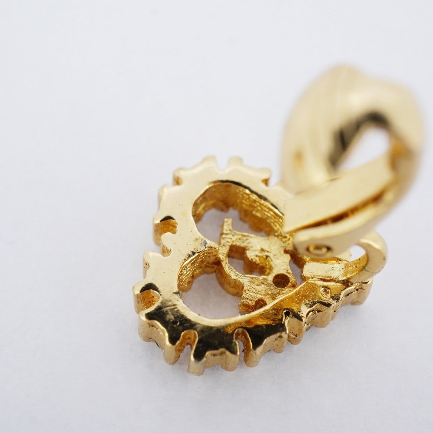 Christian Dior earrings, heart motif, GP plated, rhinestone, gold, for women.