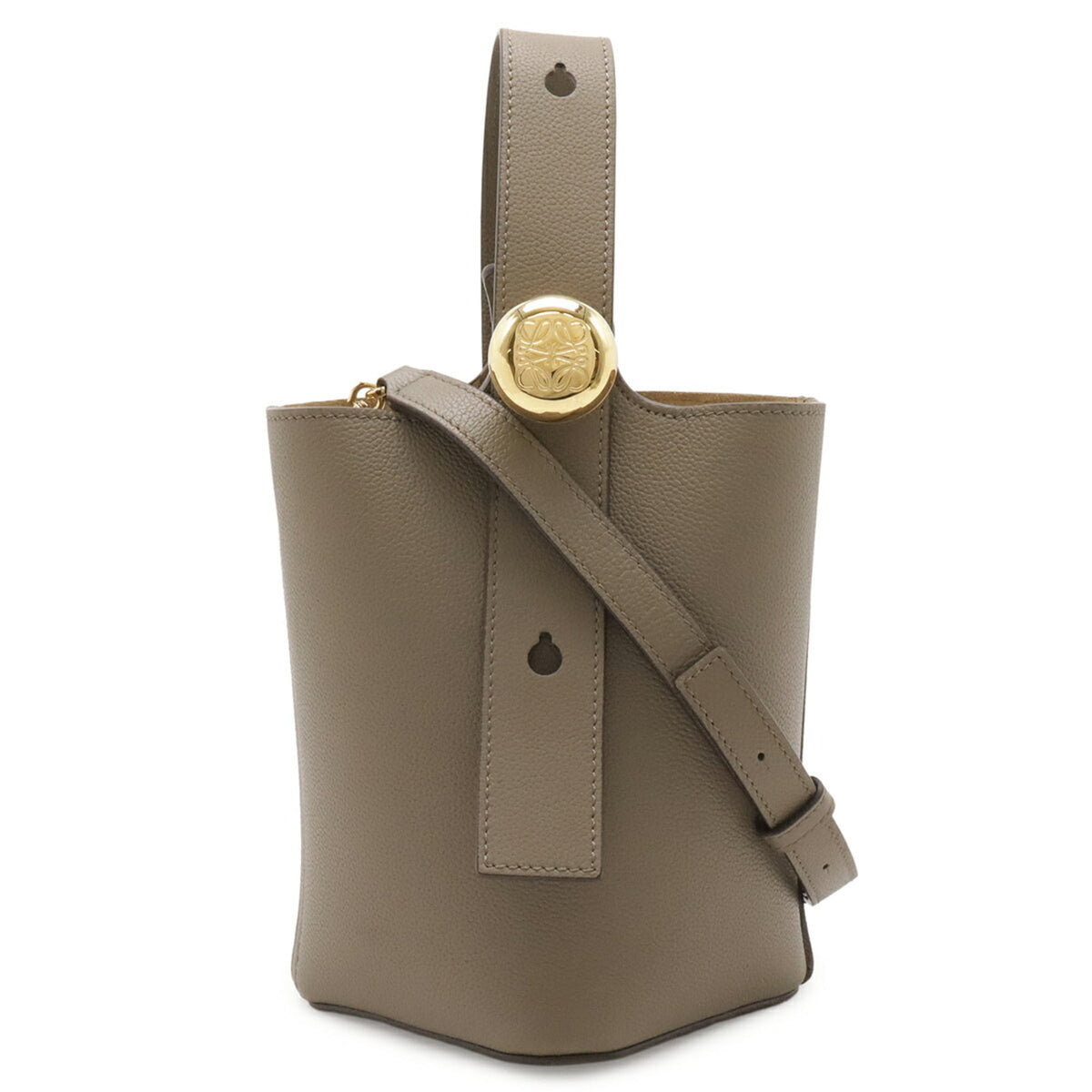 LOEWE Pebble Bucket Bag Mini Handbag Shoulder Calfskin Leather Greige AANBBBMX31 — Like New