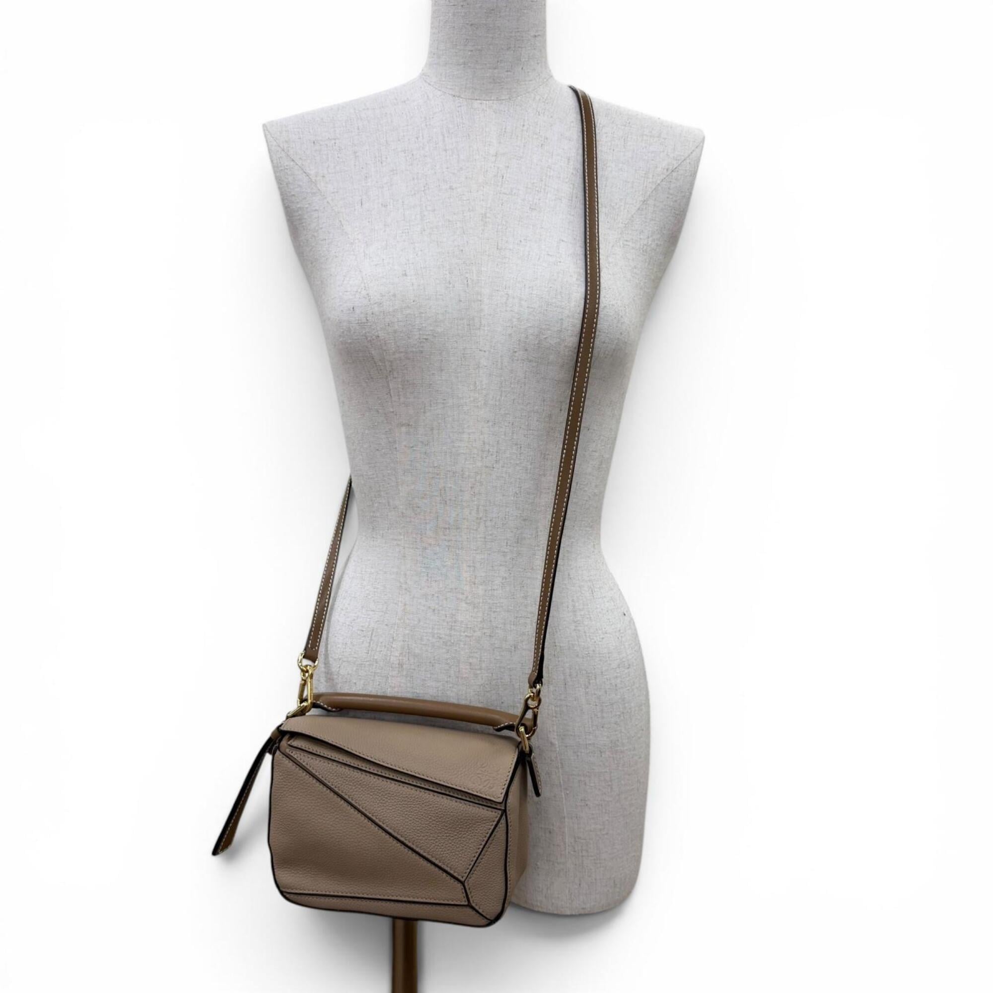 LOEWE A510U95X27 Puzzle Mini 2-Way Calf Leather Handbag/Shoulder Bag, Beige, Made in Spain, Women's, with Dust Bag — Like New