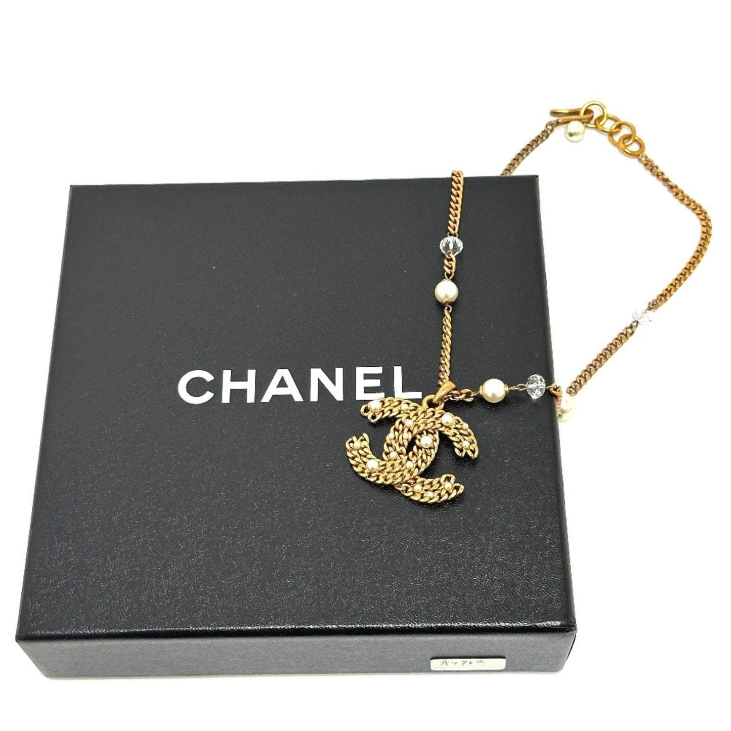 CHANEL 05P Coco Mark Fake Pearl Chain Necklace Metal Women's Gold