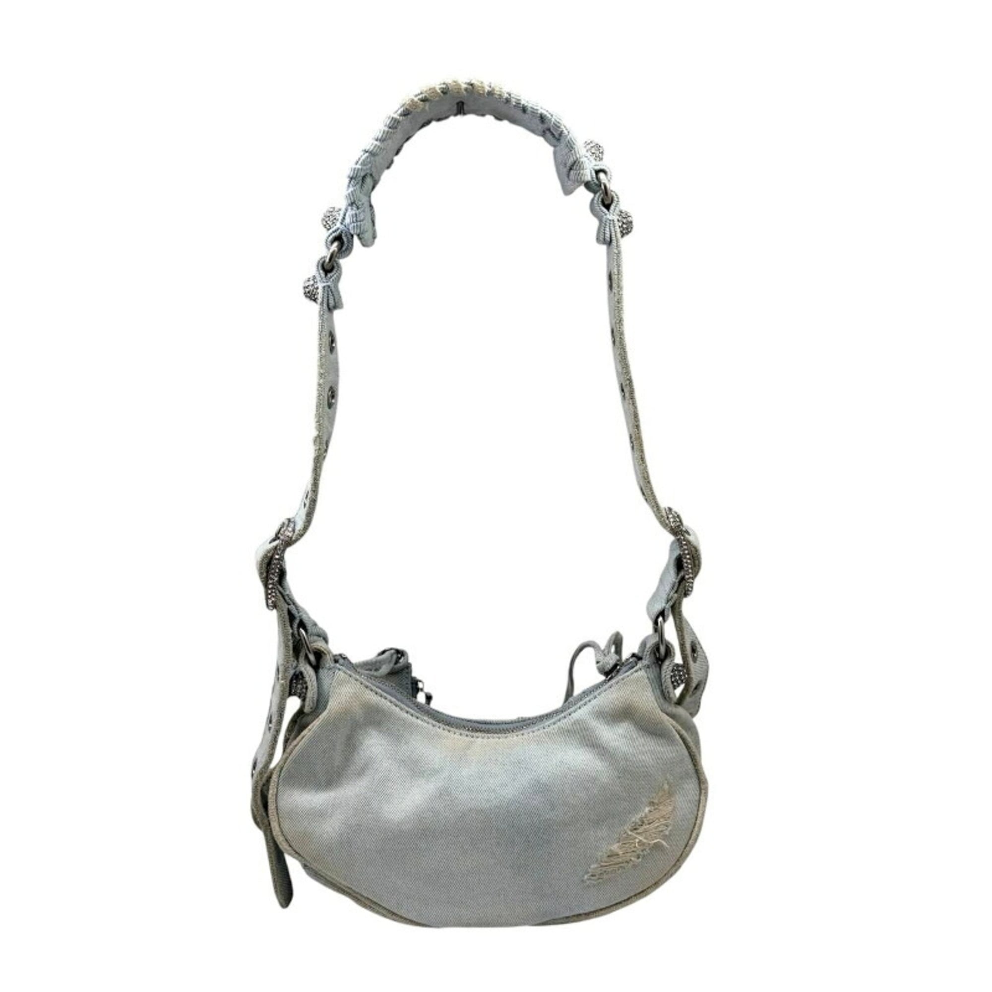 BALENCIAGA Le Cagole denim shoulder bag XS, blue with rhinestone heart design, for women — New - Store Return