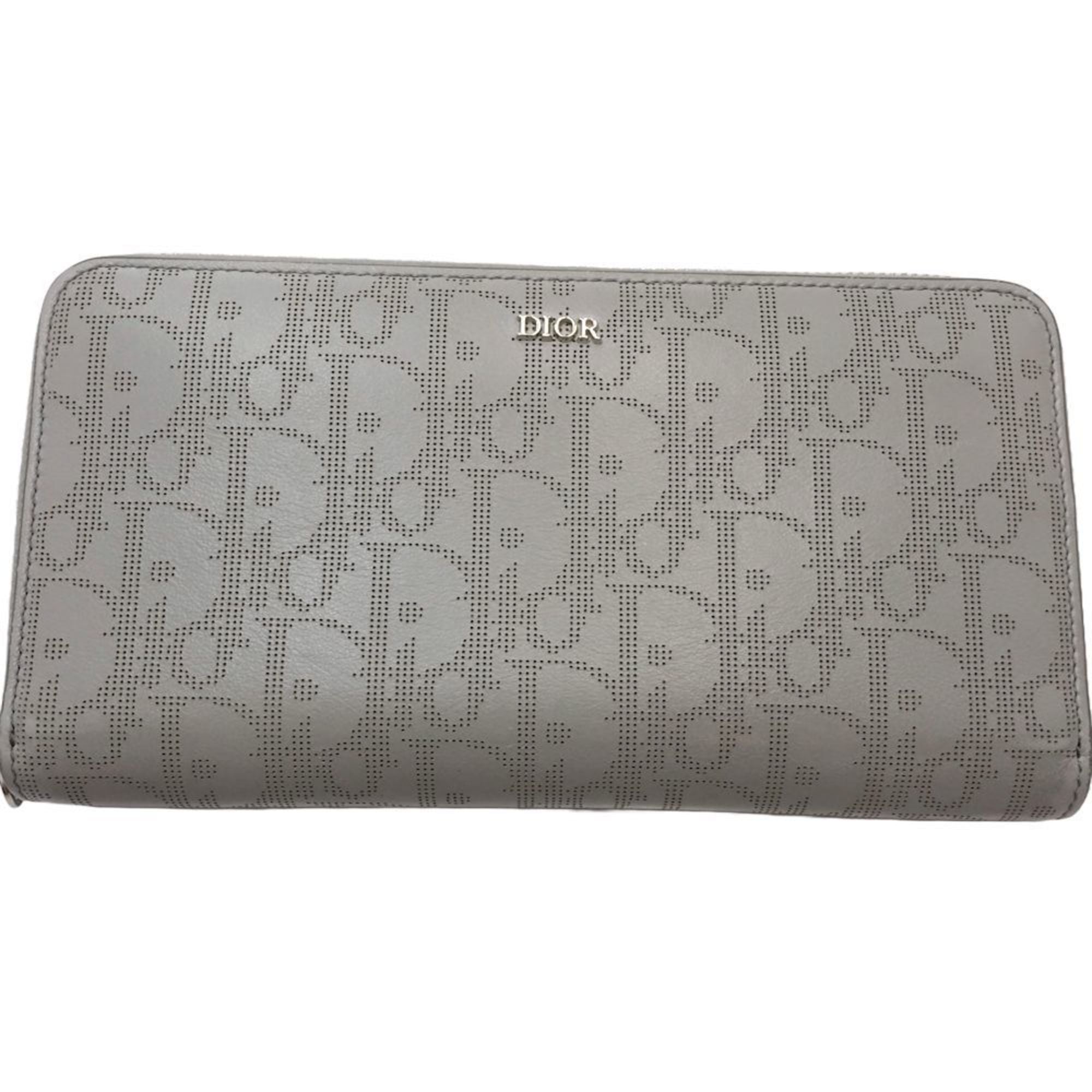 Christian Dior Long Wallet 10-BO-0232 Oblique Calfskin Leather Zip Gray 181156