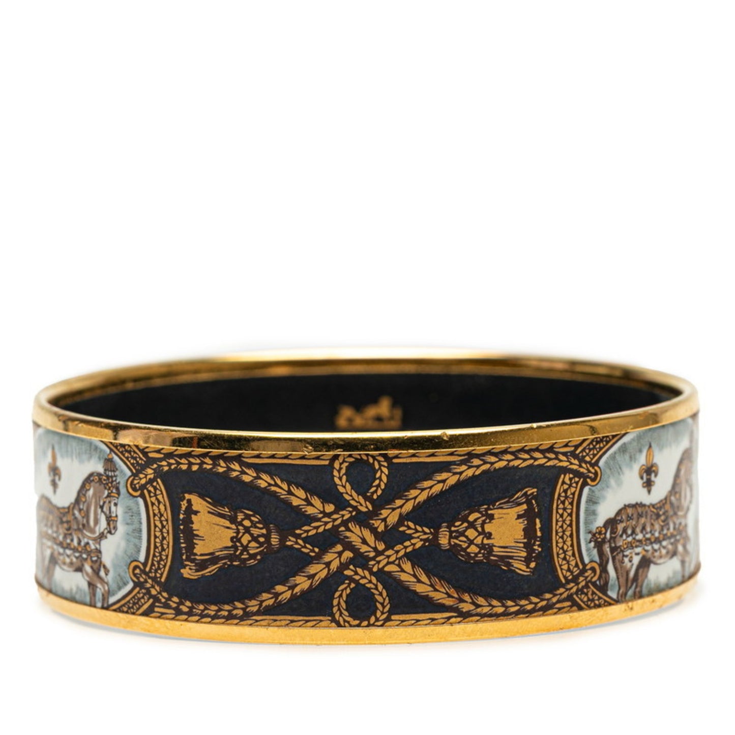 Hermes enamel GM cloisonné horse motif bangle in gold, black, and multicolored plating for women.