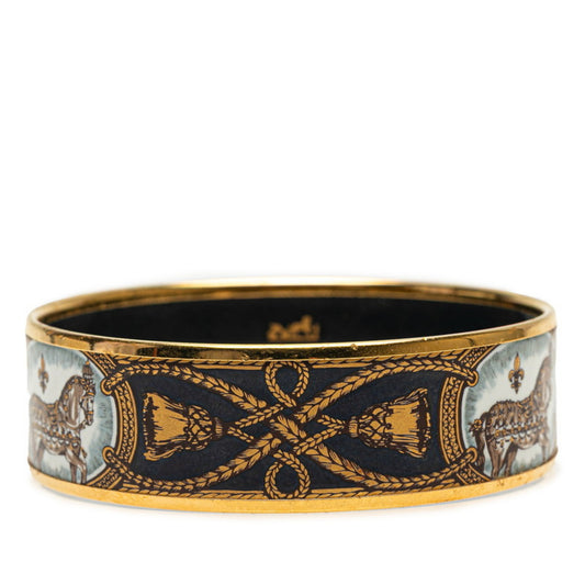 Hermes enamel GM cloisonné horse motif bangle in gold, black, and multicolored plating for women.
