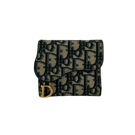 Christian Dior Oblique Logo Canvas and Leather Tri-fold Wallet, Mini, Navy, 18273