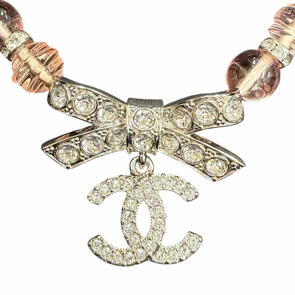CHANEL (Chanel) 2023 Model B23S Coco Mark Ribbon Rhinestone Choker Necklace, Pink and Silver, with Box, Made in Italy, Women's — Like New