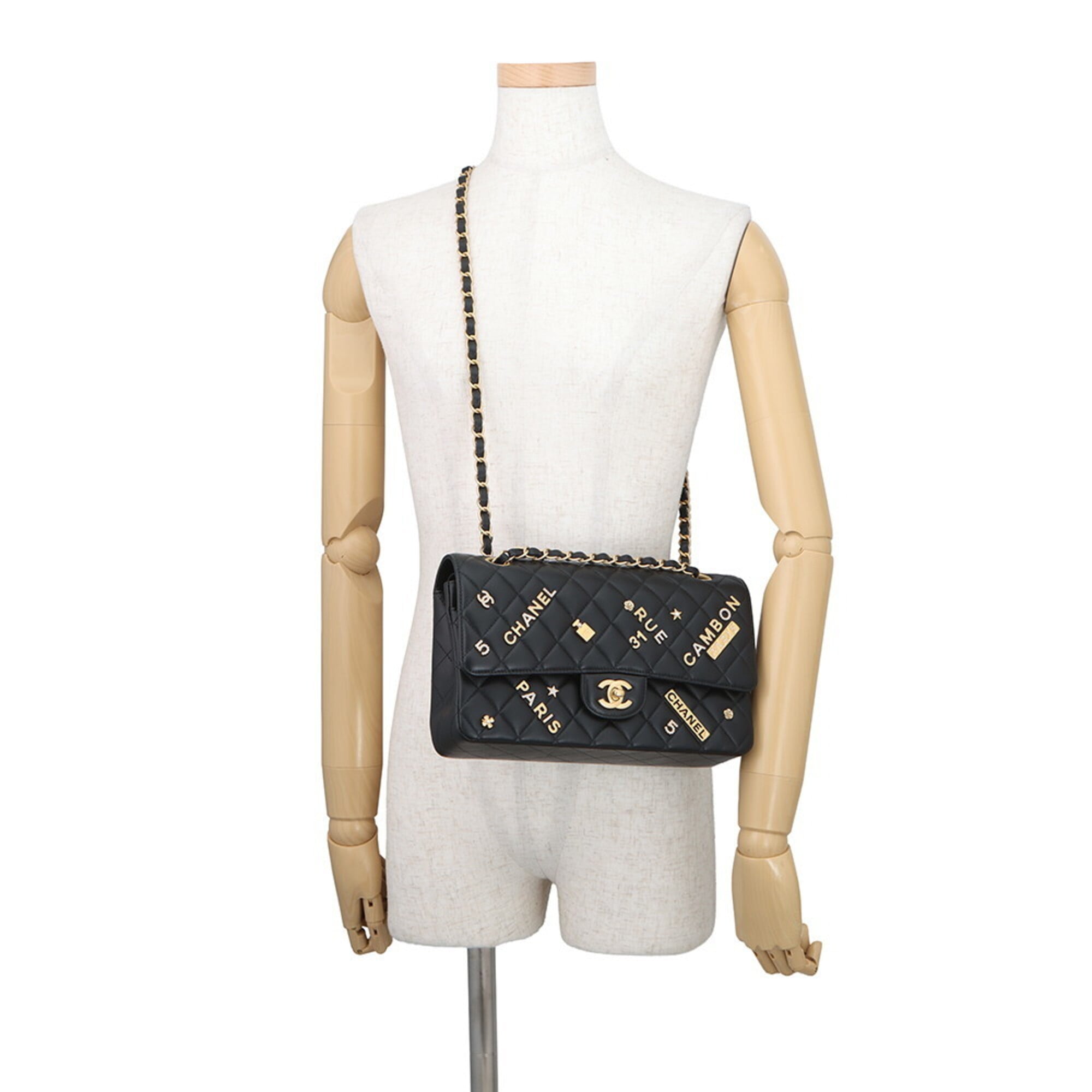 Chanel Chain Shoulder Bag Matelassé 25 Coco Mark Icon Charm Lambskin Double A01112 CHANEL Black Handbag Women's — Like New