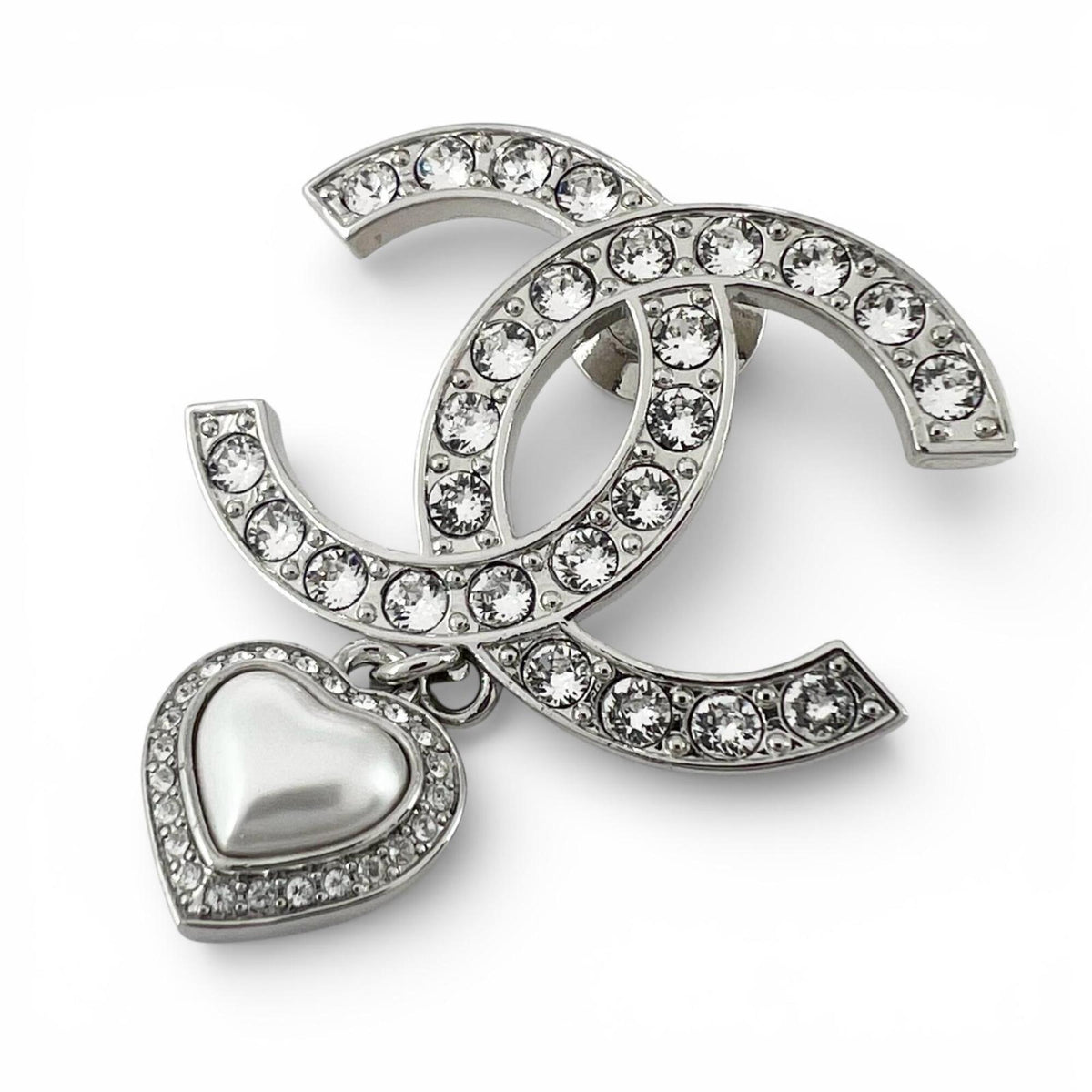 CHANEL B23 Coco Mark Heart Rhinestone Pin Badge Brooch, Silver, Made in Italy, Women's — Like New