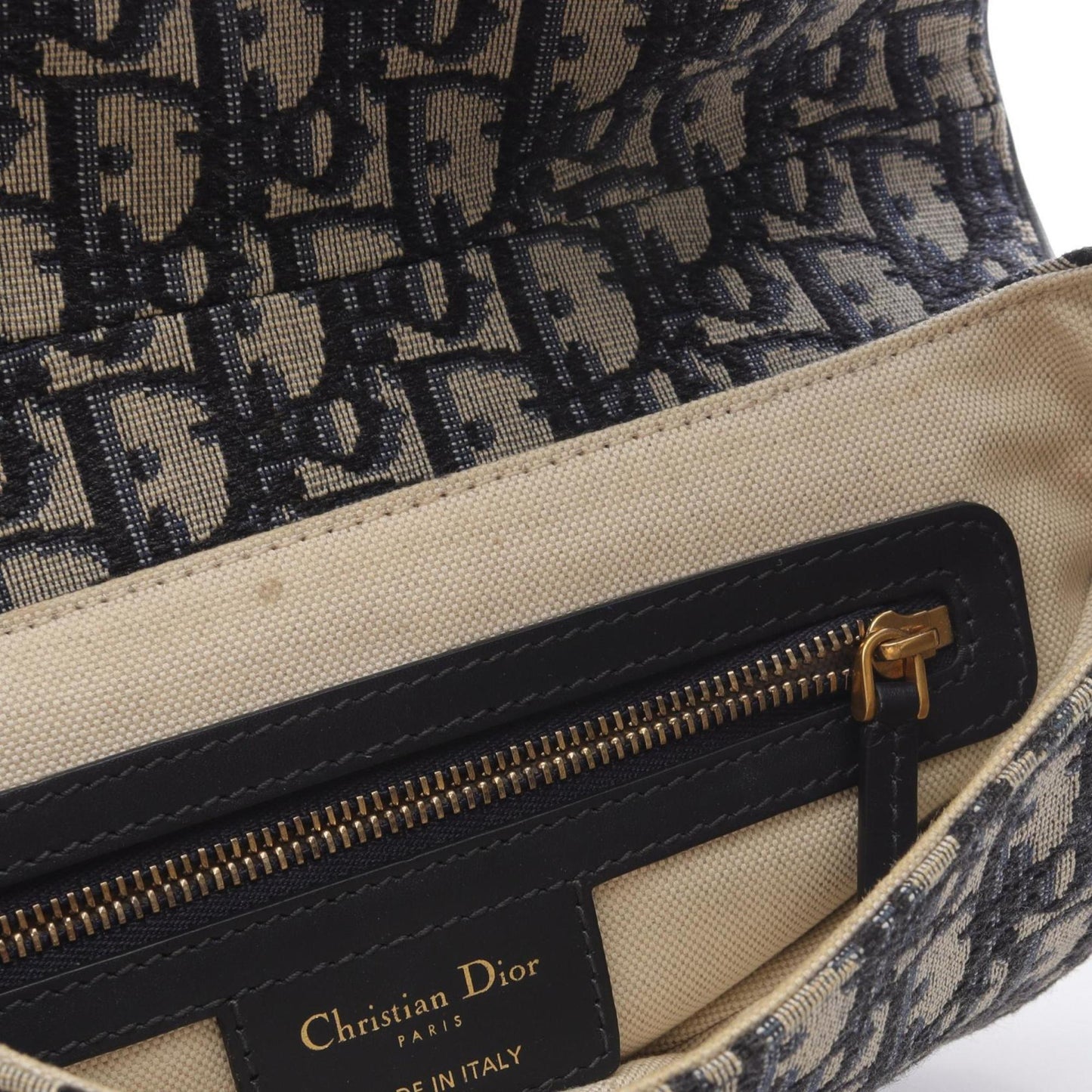 Christian Dior Dior Saddlebag, Oblique Jacquard Handbag, Canvas and Leather, Women's, Ivory Navy