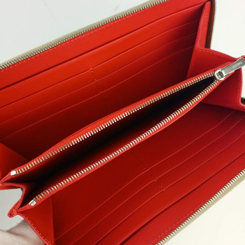 CELINE Long Wallet Large Zipped Beige Orange Red Leather Women's Bicolor Round