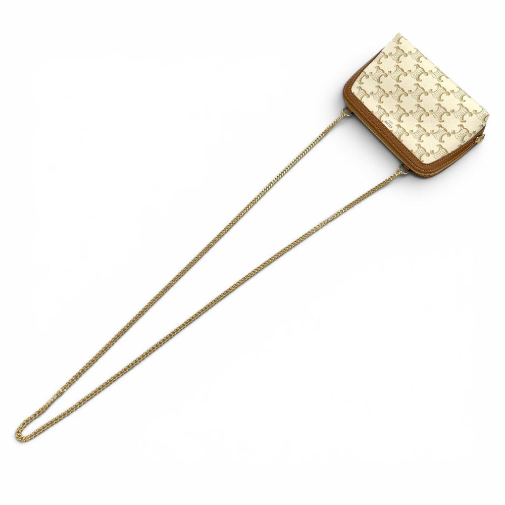CELINE Triomphe Canvas Logo Chain Clutch Bag Shoulder Off-White Brown Made in Italy Women's Comes with Dust — Like New
