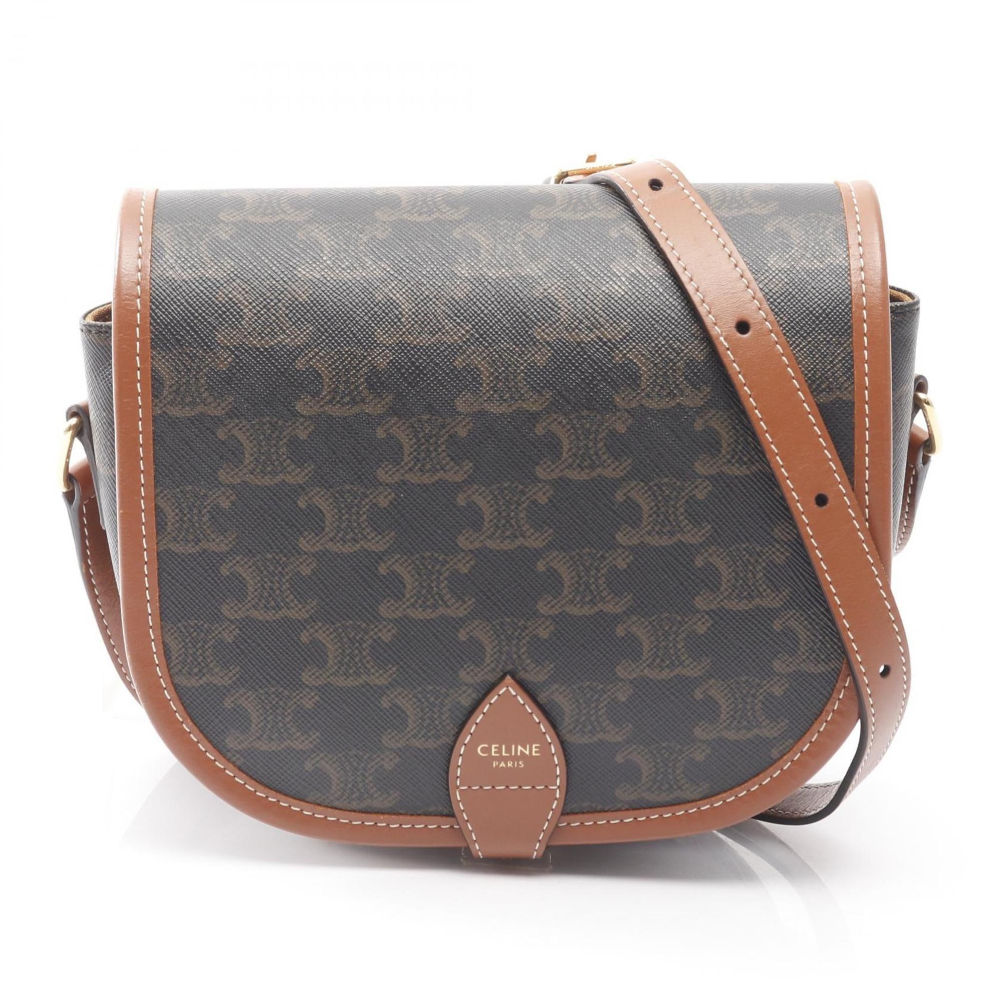 Celine Folco Medium Triomphe Shoulder Bag, Coated Canvas and Leather, Women's, Black Brown