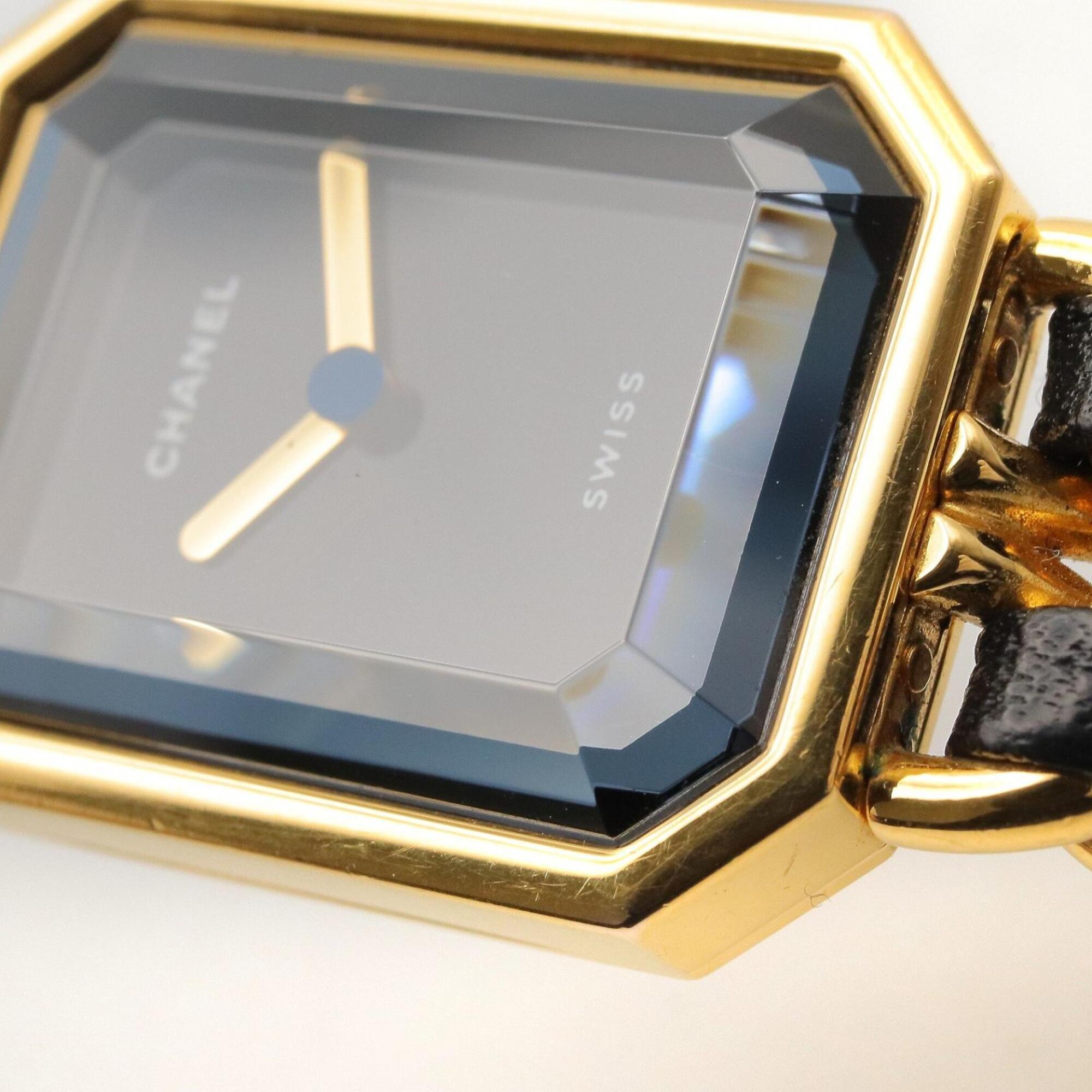 Chanel CHANEL Première M Wristwatch, Gold Plated (GP), Leather Strap, Women's, Black, H0001 — Very Good