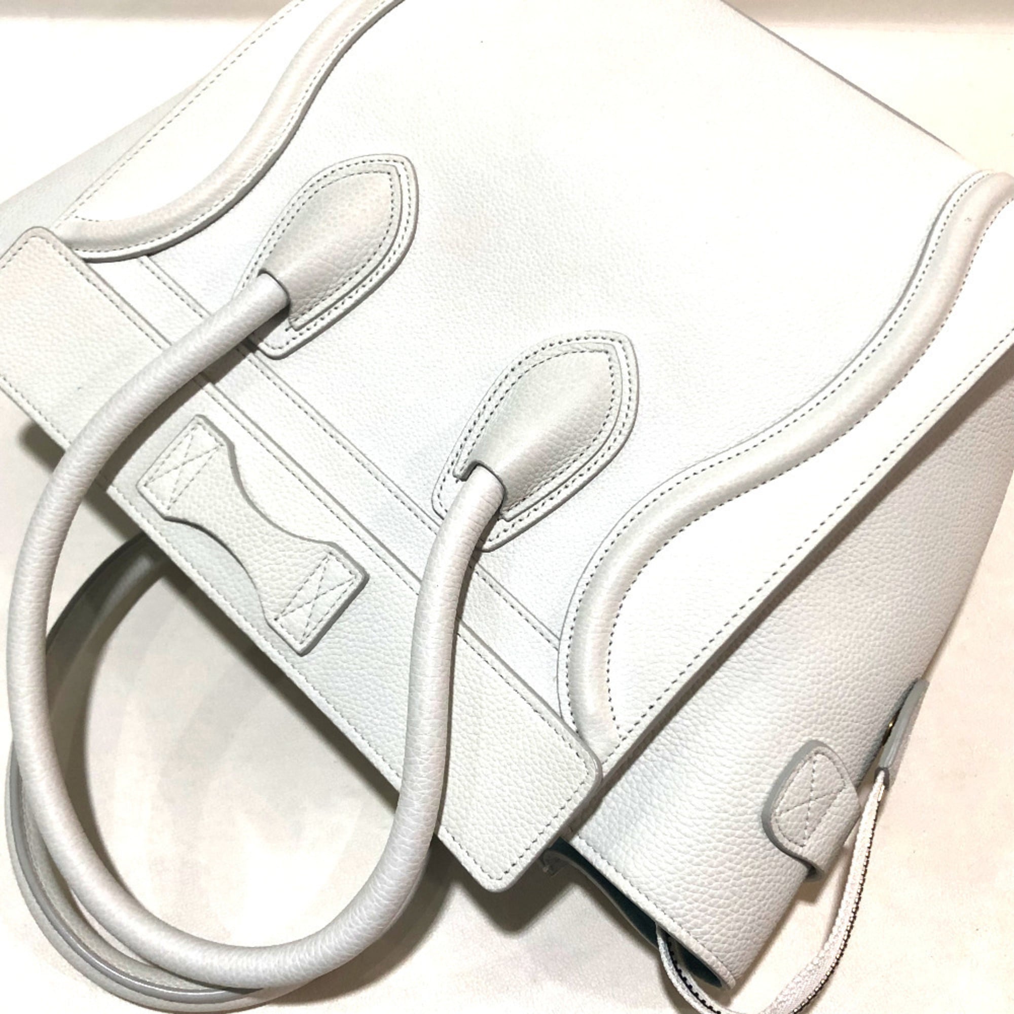 CELINE 167793 Tote Bag Micro Shopper Luggage Handbag Leather Women's White Off-White x Sky Blue