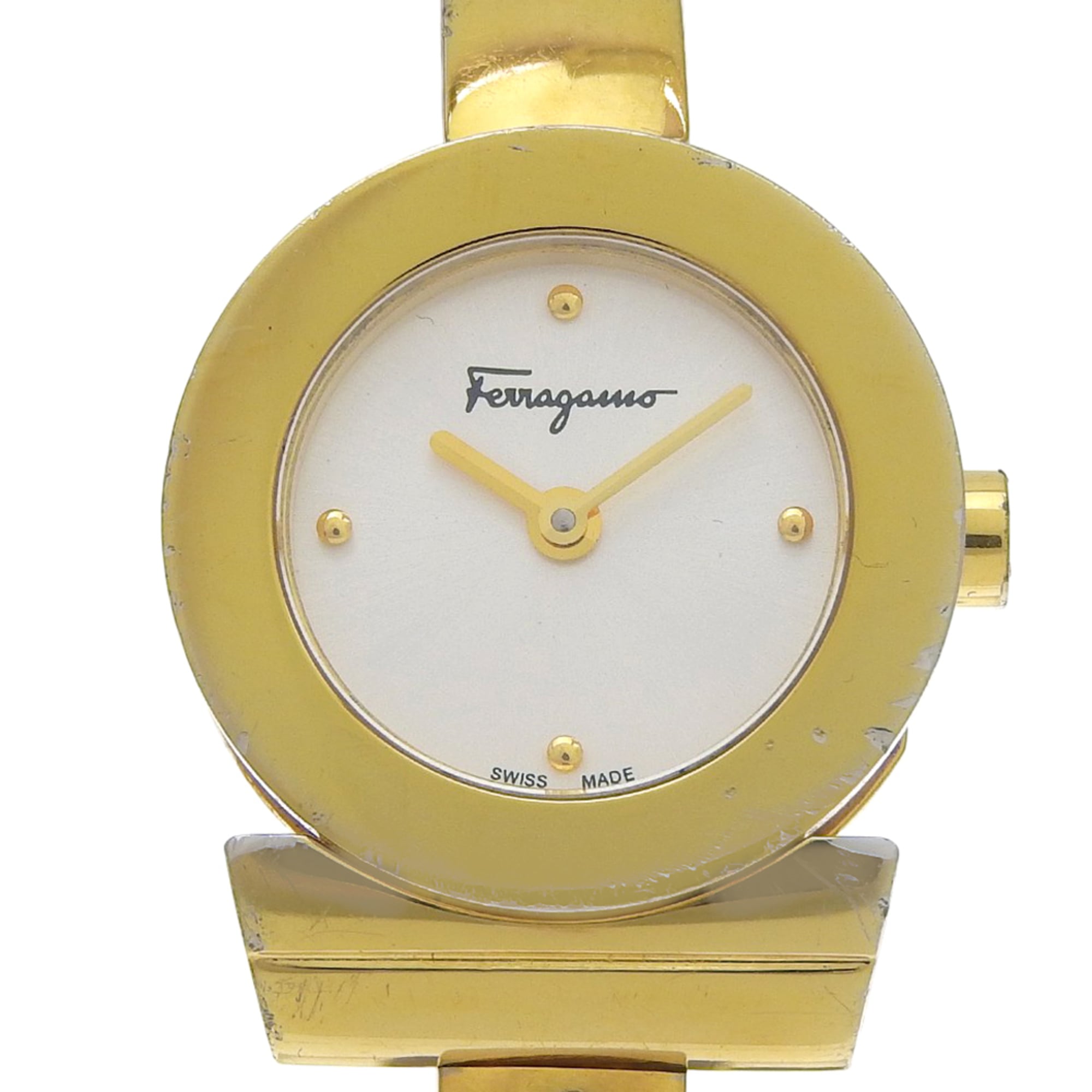 Salvatore Ferragamo Gancini Bangle Watch FQ5 Gold Plated Quartz Analog Silver Dial Women's — Good