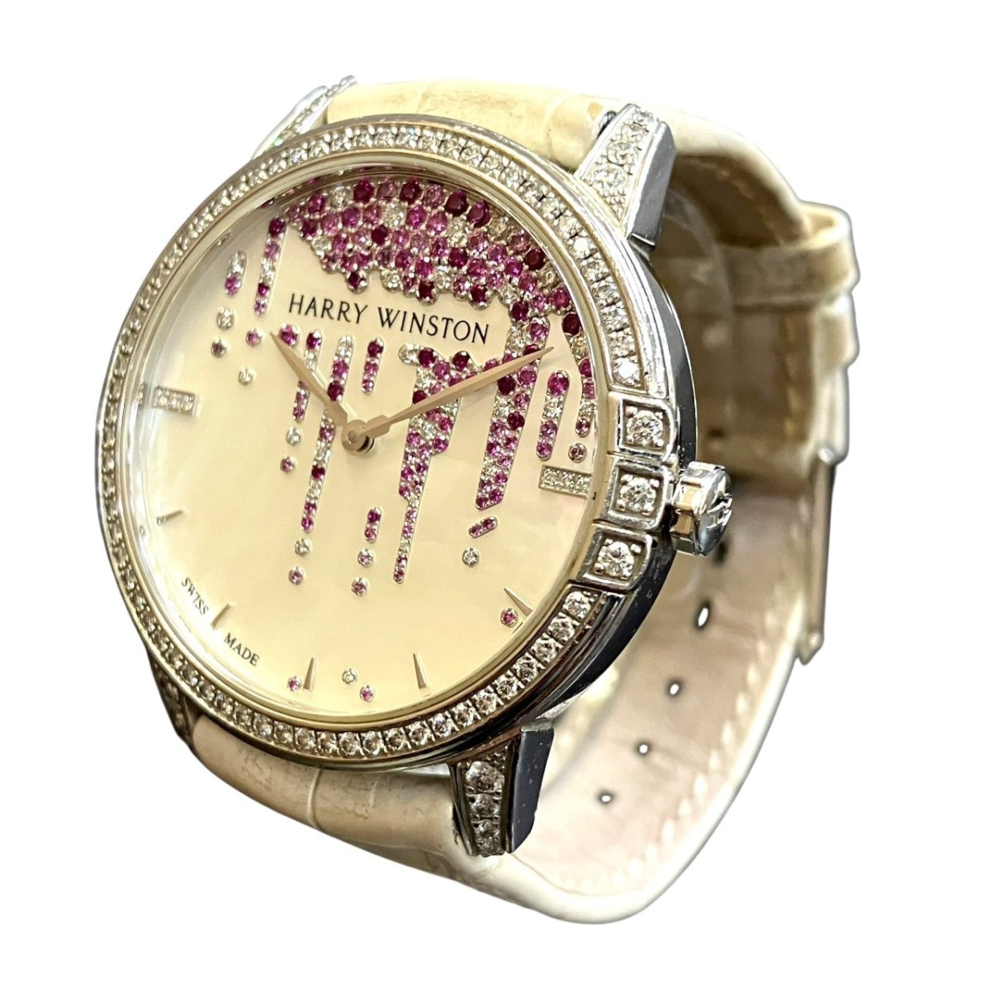 Harry Winston Midnight Diamond Stalactite Watch, Total Weight 64.7g, 18K Gold, Genuine Leather Strap, Automatic Movement, Mother-of-Pearl Dial, MIDAHM36WW001 — Very Good