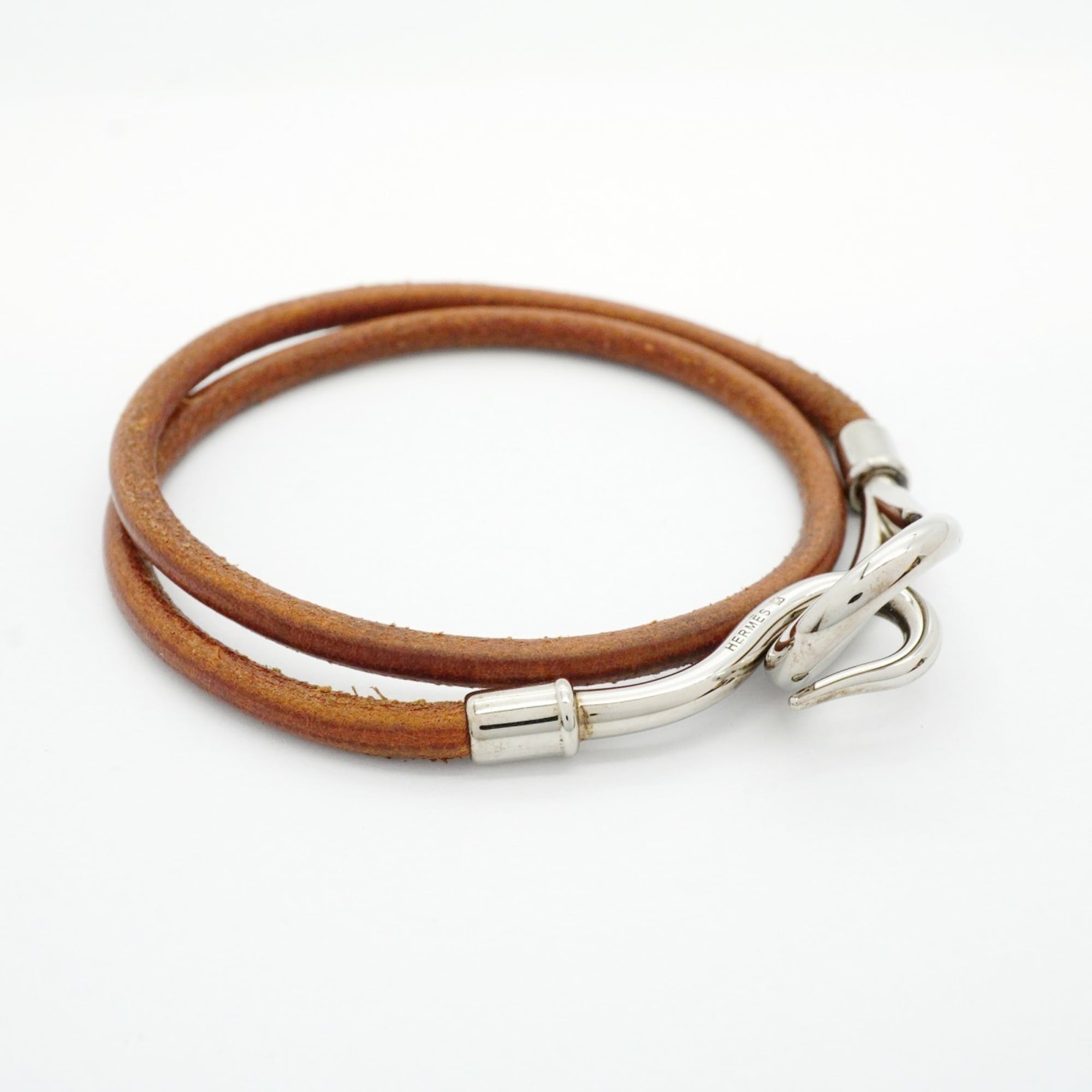 Hermes Jumbo Hook Bracelet, Metal, Leather, Silver, Brown, Women's