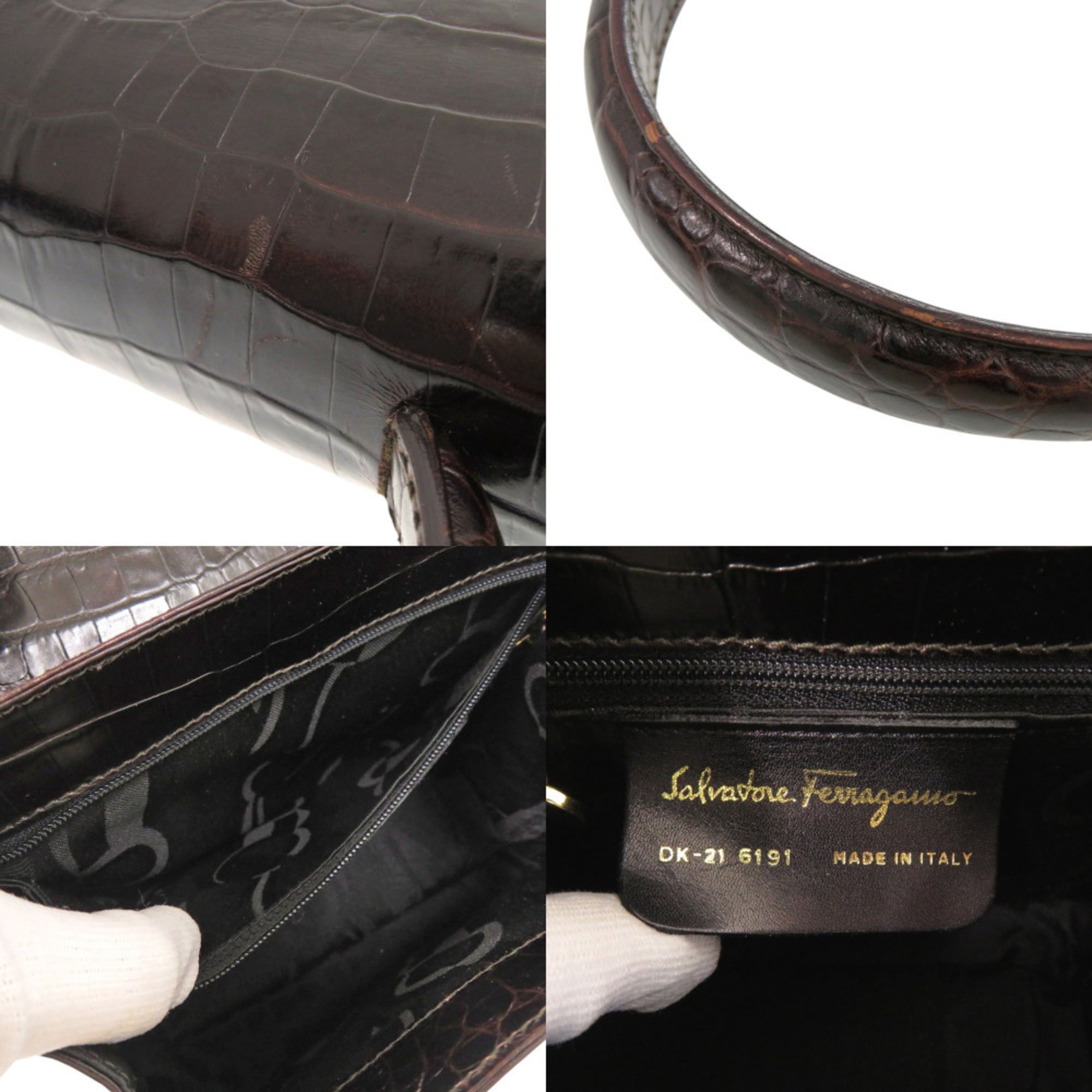 Excellent condition Salvatore Ferragamo crocodile-embossed leather brown handbag/shoulder bag 0396Salvatore
