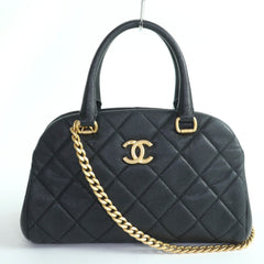 CHANEL AS3893 Caviar Skin Matelassé Coco Mark 2-Way Bowling Bag Handbag Black Gold Hardware Comes with Box and Dust Made in Italy Women's — Like New