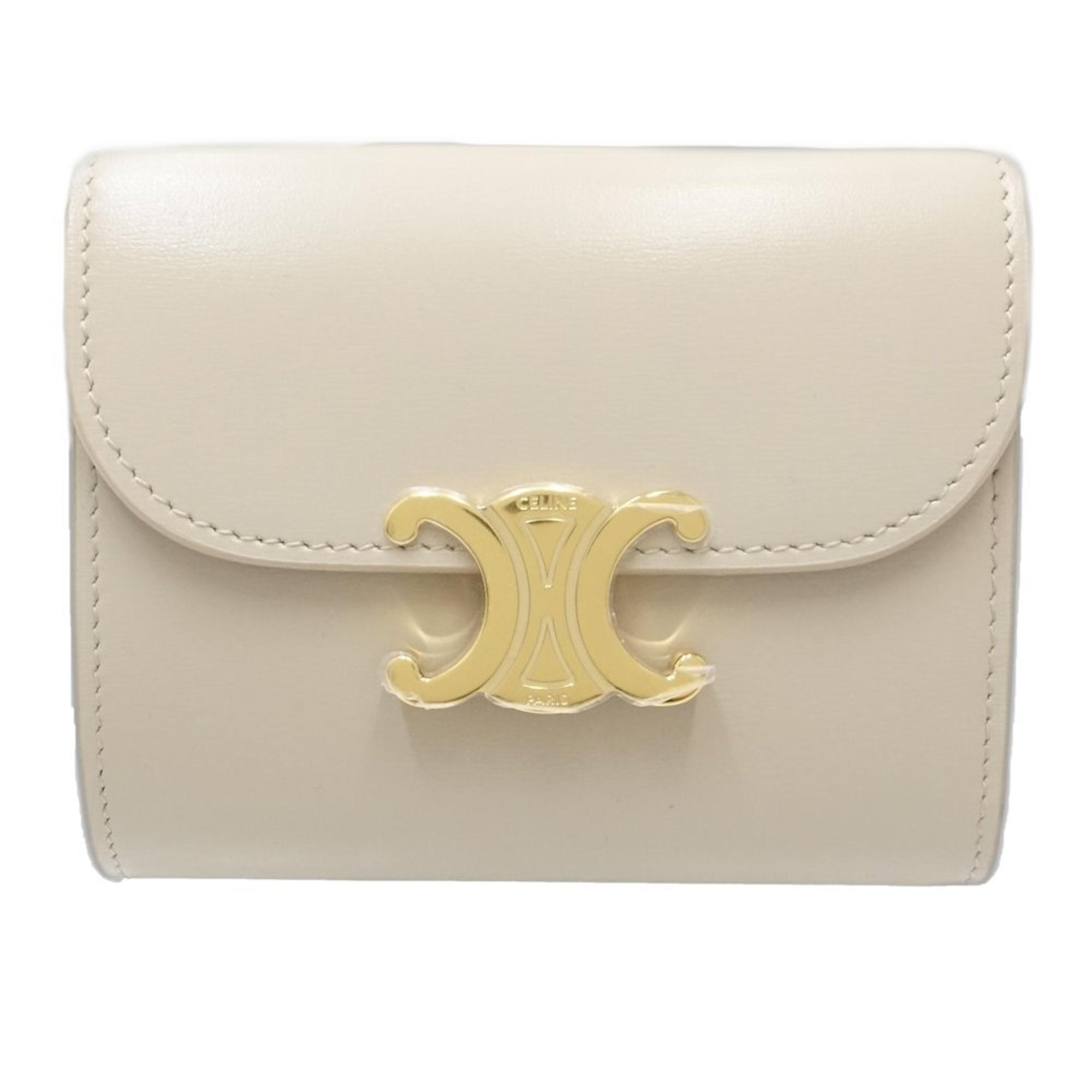 CELINE Triomphe Small Wallet W1E-3264, Beige Leather, Women's, 181614