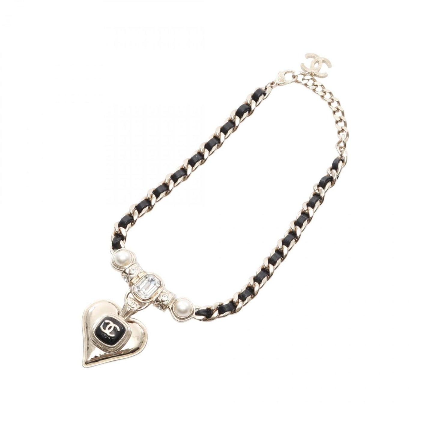 Chanel Coco Mark Heart Necklace, Gold-Plated Leather with Faux Pearl and Rhinestones, Women's, Gold Black