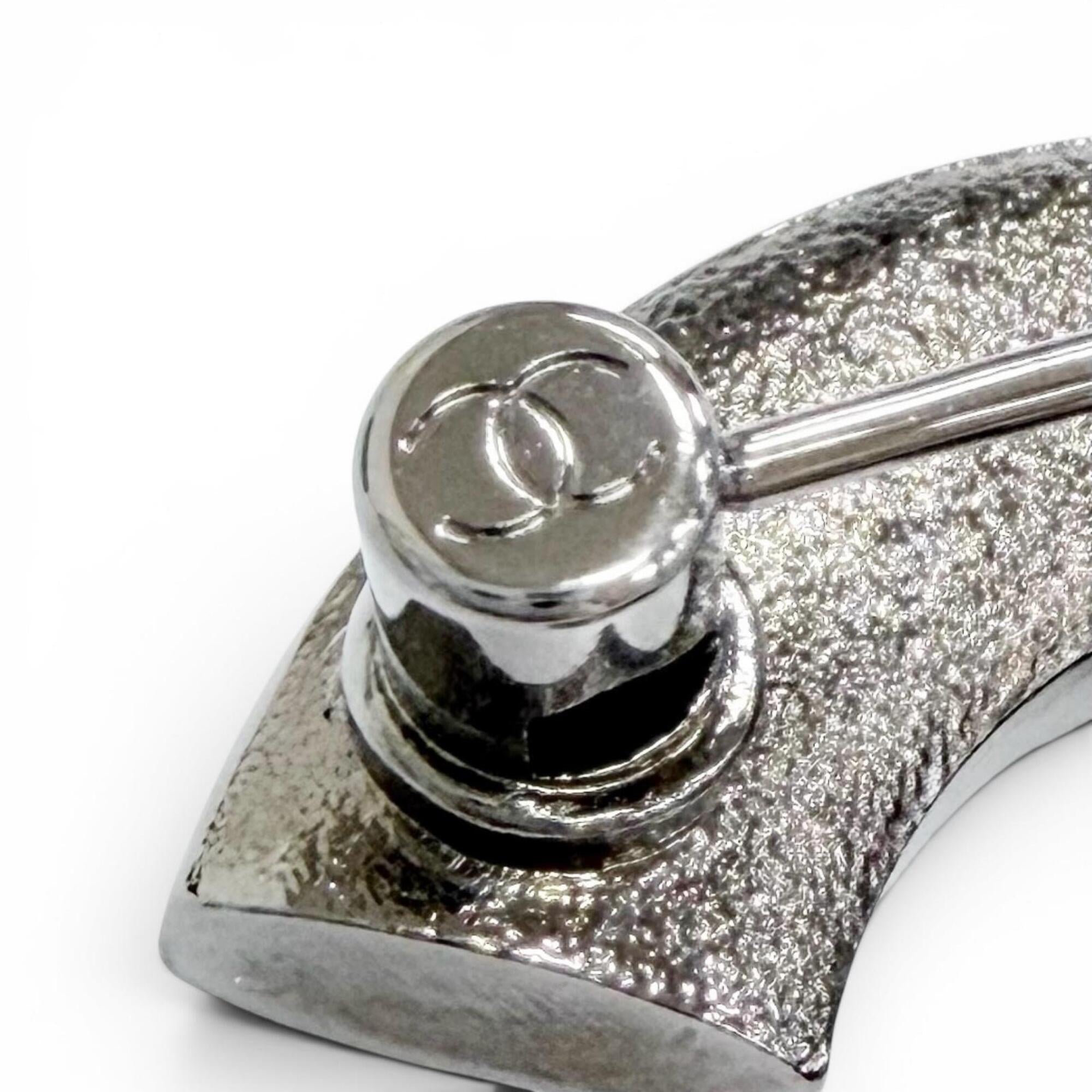 CHANEL C23B Coco Mark Rhinestone Gunmetal Brooch, Silver, Made in France, Women's, Comes with Box, Highly Recommended! — Like New