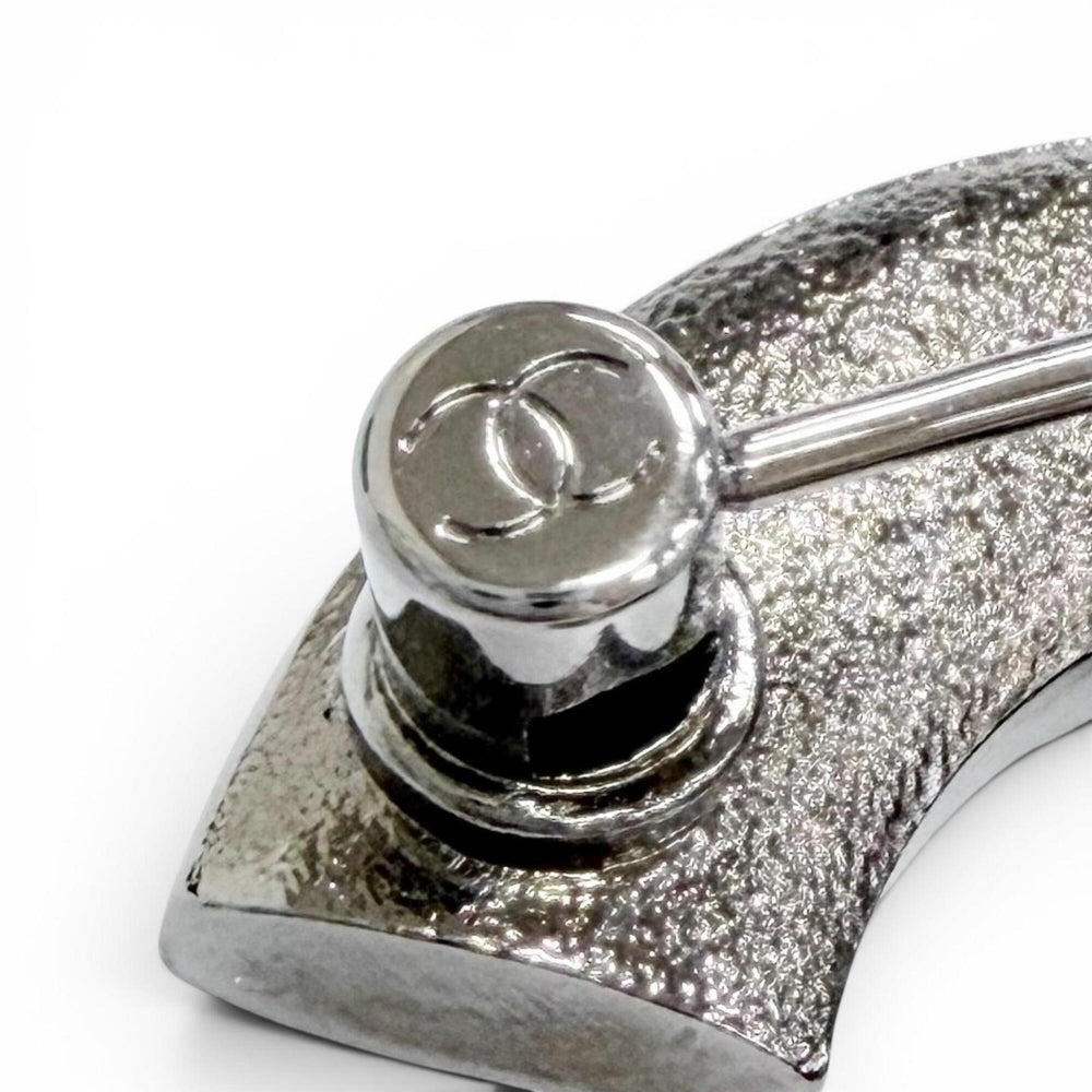 CHANEL C23B Coco Mark Rhinestone Gunmetal Brooch, Silver, Made in France, Women's, Comes with Box, Highly Recommended! — Like New