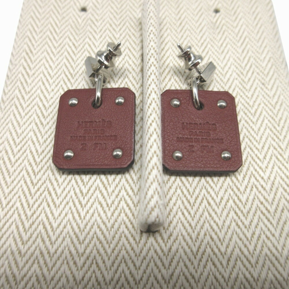Hermes Asdukur Z engraved heart leather metal brown silver earrings 1256HERMES — Like New