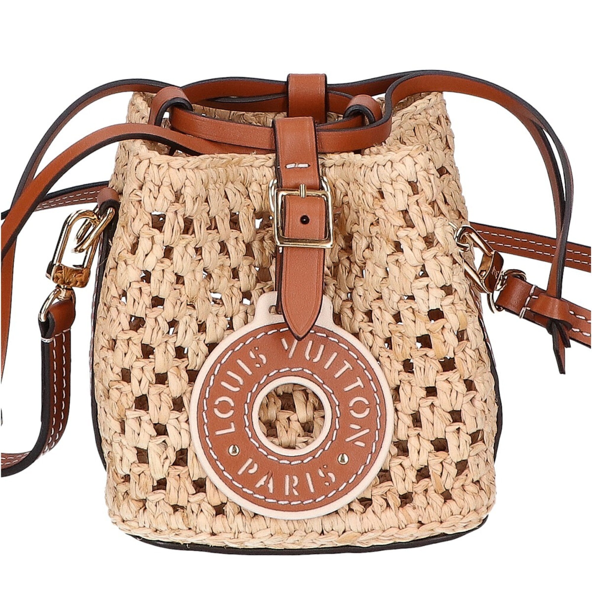 LOUIS VUITTON M83521 Raffia Noé Purse 2-Way Drawstring Shoulder Bag, Natural x Tan, Gold Hardware, Women's — Like New