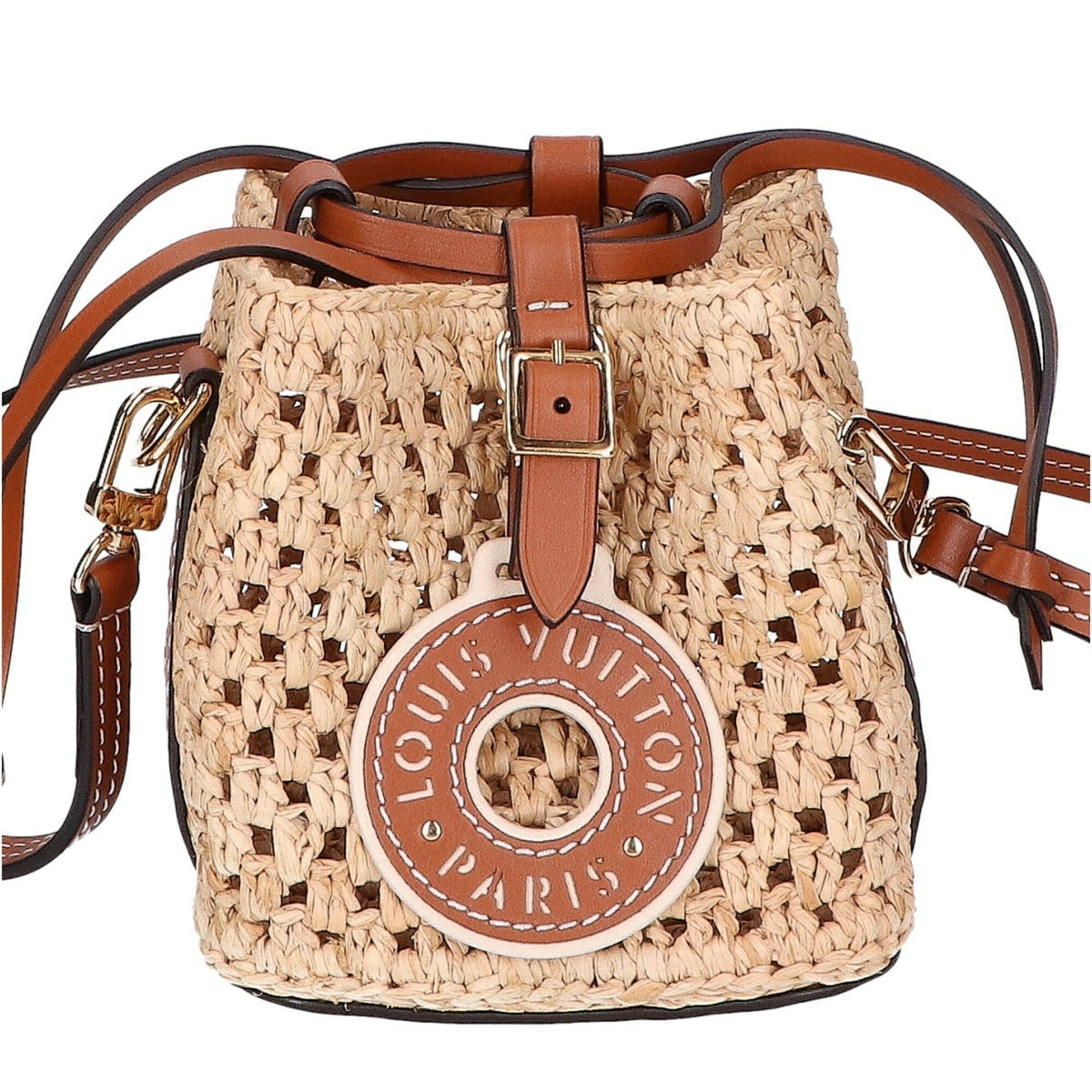 LOUIS VUITTON M83521 Raffia Noé Purse 2-Way Drawstring Shoulder Bag, Natural x Tan, Gold Hardware, Women's — Like New