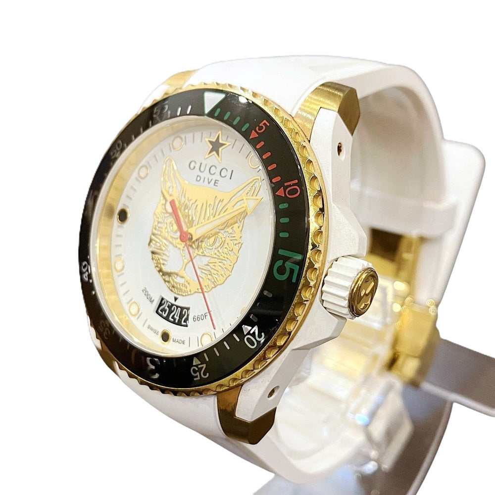 Gucci Dive Mystic Cat watch, total weight 108g, stainless steel, rubber strap, quartz movement, white and gold dial, 136.3 — Good
