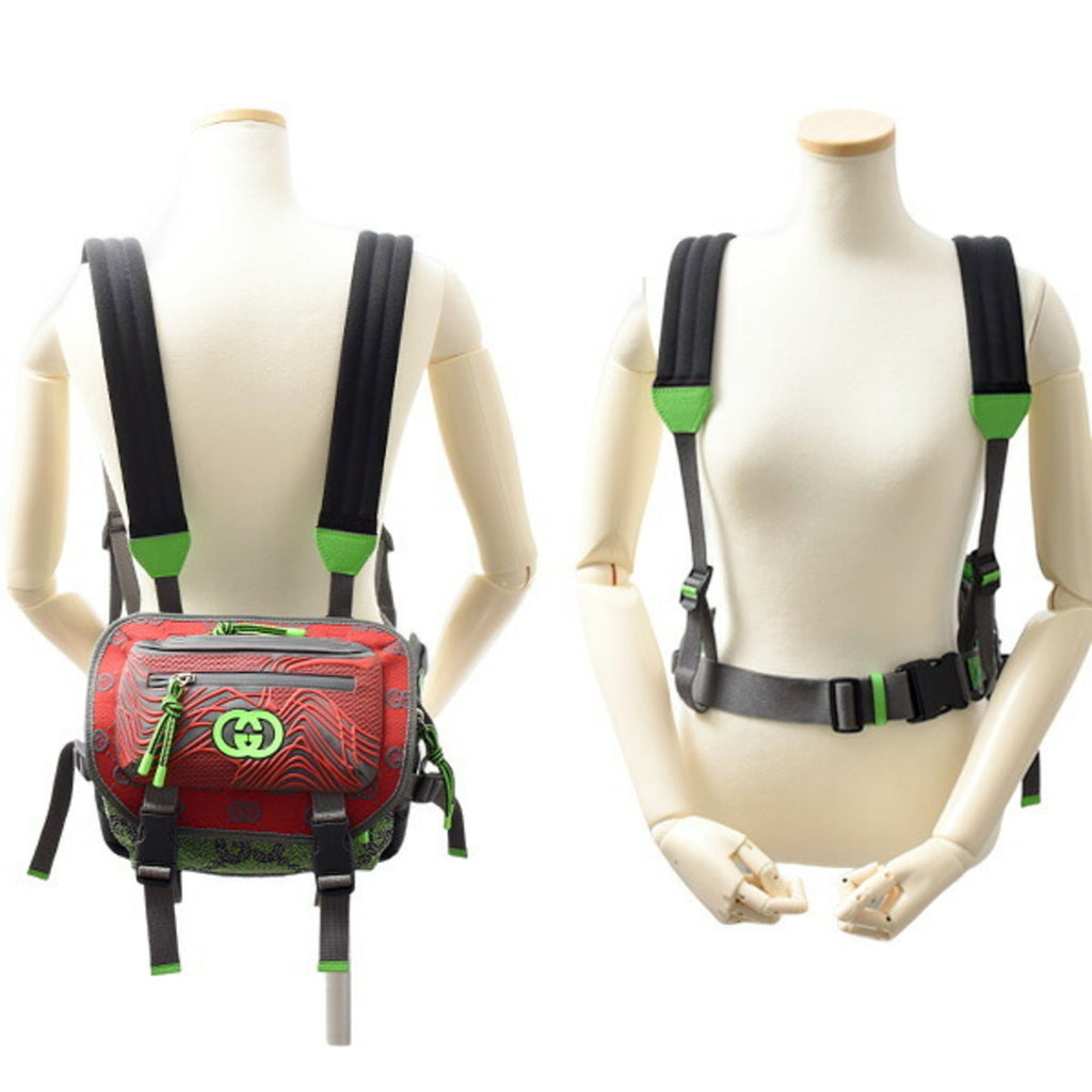 Gucci Men's Small Backpack GG Nylon Belt Bag in Gray, Red, and Green (GUCCI 752100)