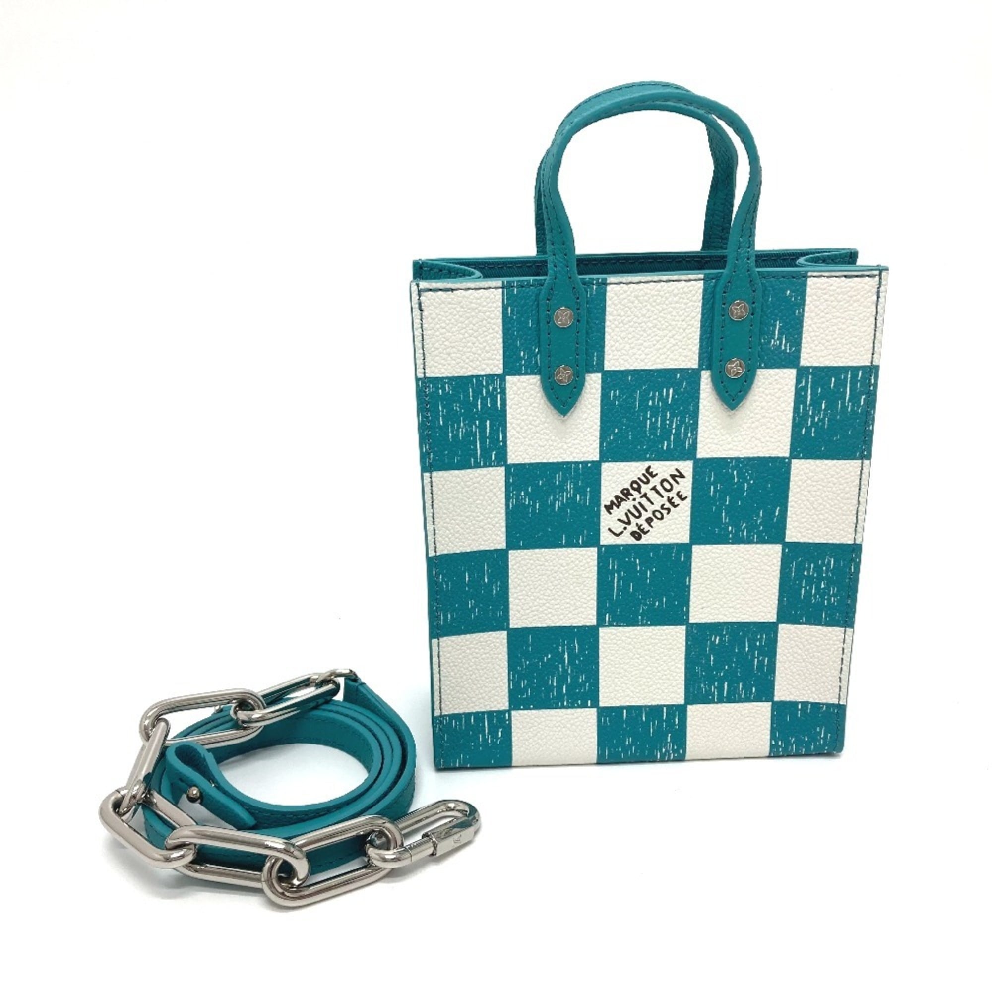 LOUIS VUITTON N60495 Damier Checkerboard Sac Plat XS Shoulder Bag Leather Women's Turquoise Blue E-220413-6 — New - Store Return