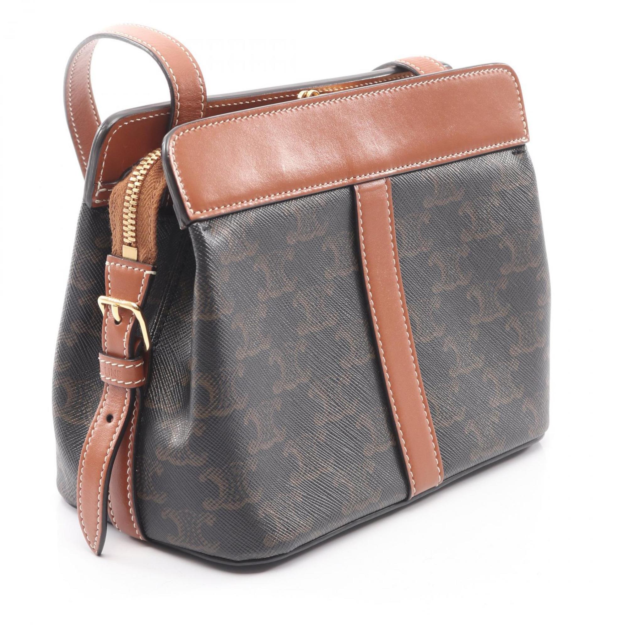 Celine Teen Cabadoux France Triomphe Shoulder Bag, Coated Canvas and Leather, Women's, Black Brown, 191992BZJ.04LU