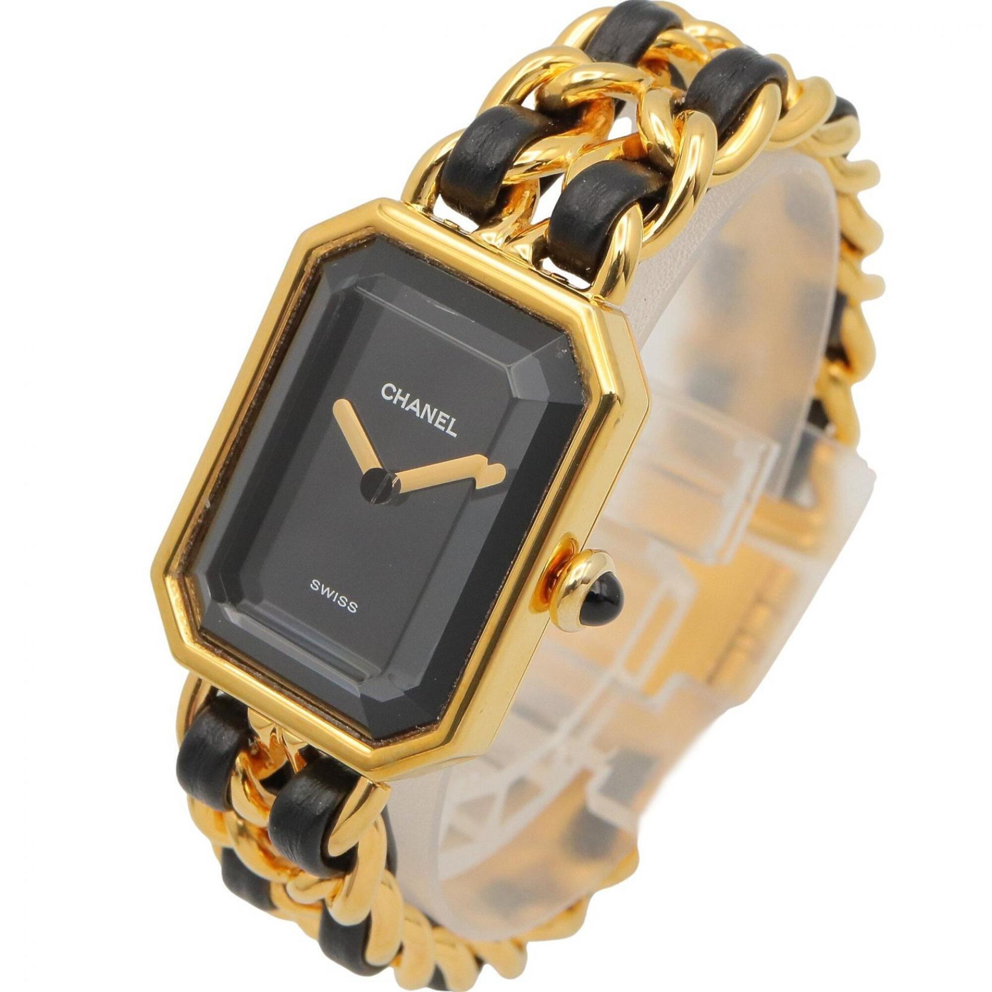 Chanel CHANEL Première S Watch, Gold Plated (GP), Leather Strap, Women's, Black, H0001 — Very Good