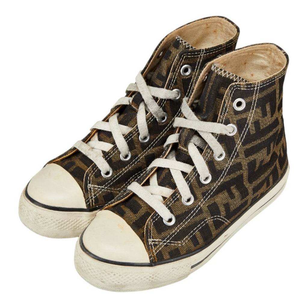 Fendi Zucca High-Top Sneakers, Size 34, Beige/Brown Canvas, Women's, FENDI