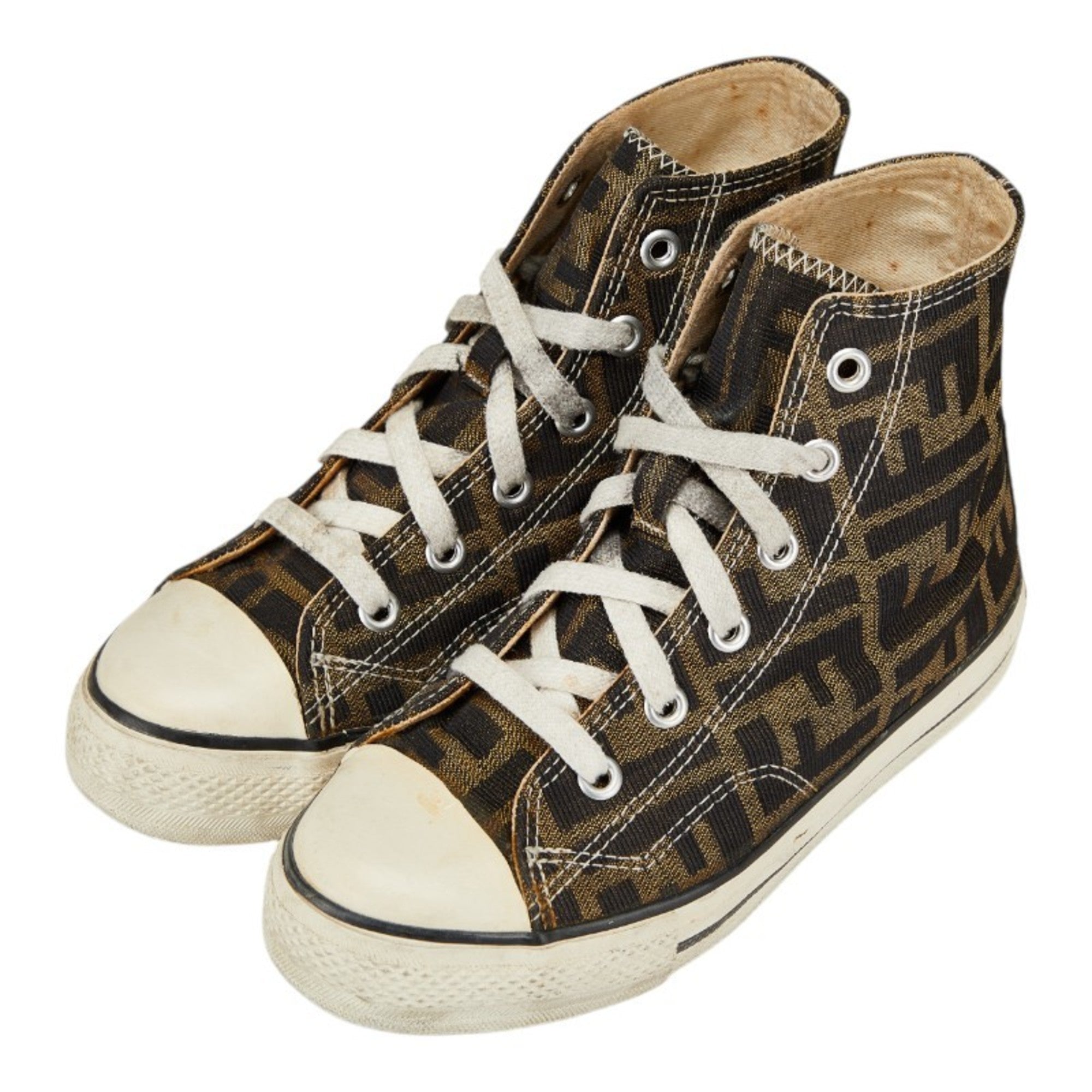 Fendi Zucca High-Top Sneakers, Size 34, Beige/Brown Canvas, Women's, FENDI