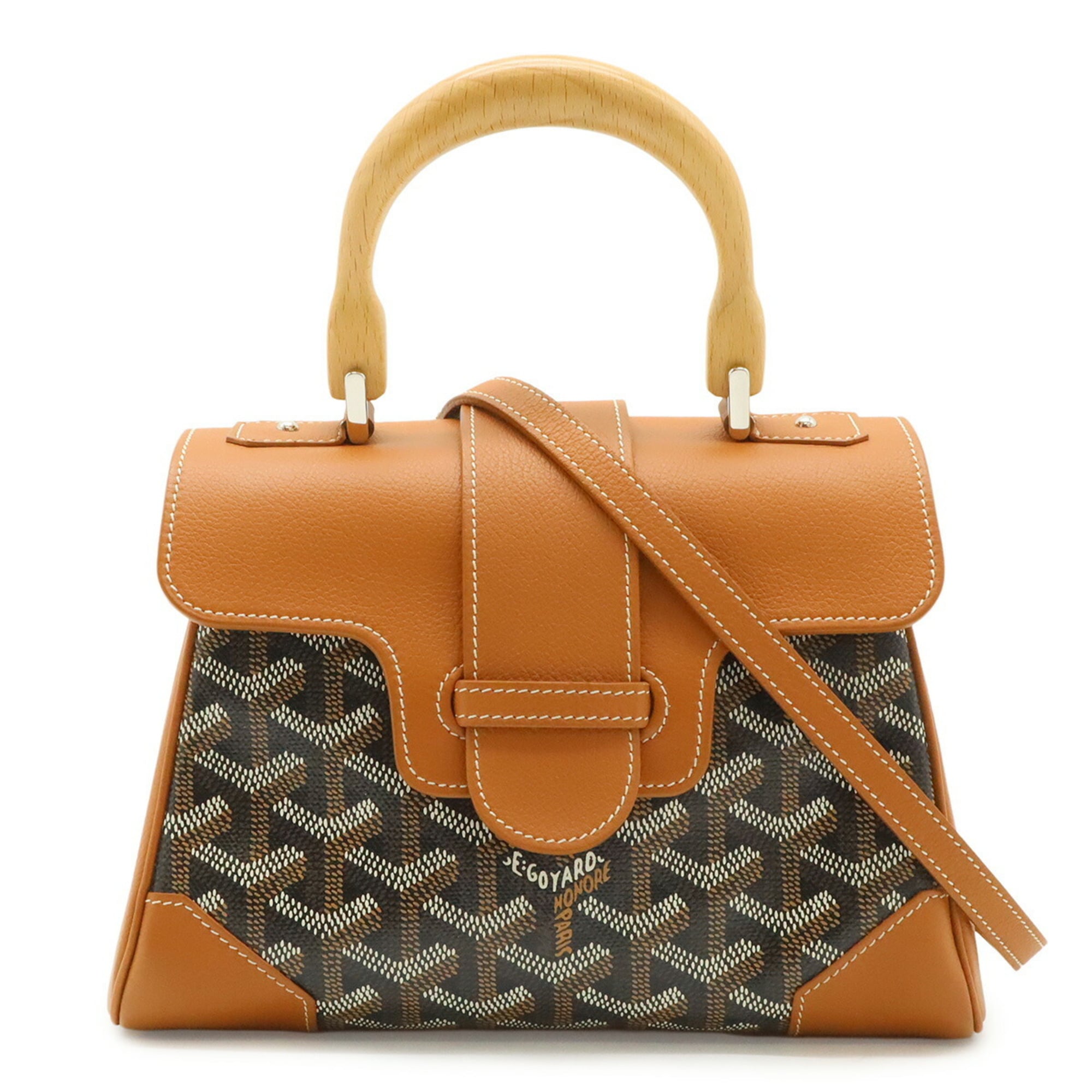 GOYARD Saigon Mini Handbag, Wood Handle Shoulder Bag, Herringbone Pattern, Brown/Black, SAIGONMINTY01CL03P — Like New