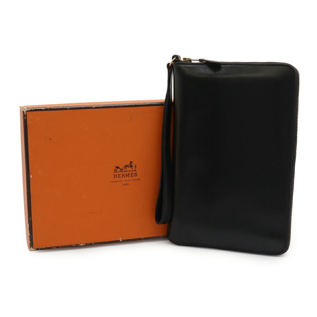 HERMES Charlie Travel Case, Multi-Purpose Passport Round Wallet, Box Calf Leather, Black, 〇U Stamp