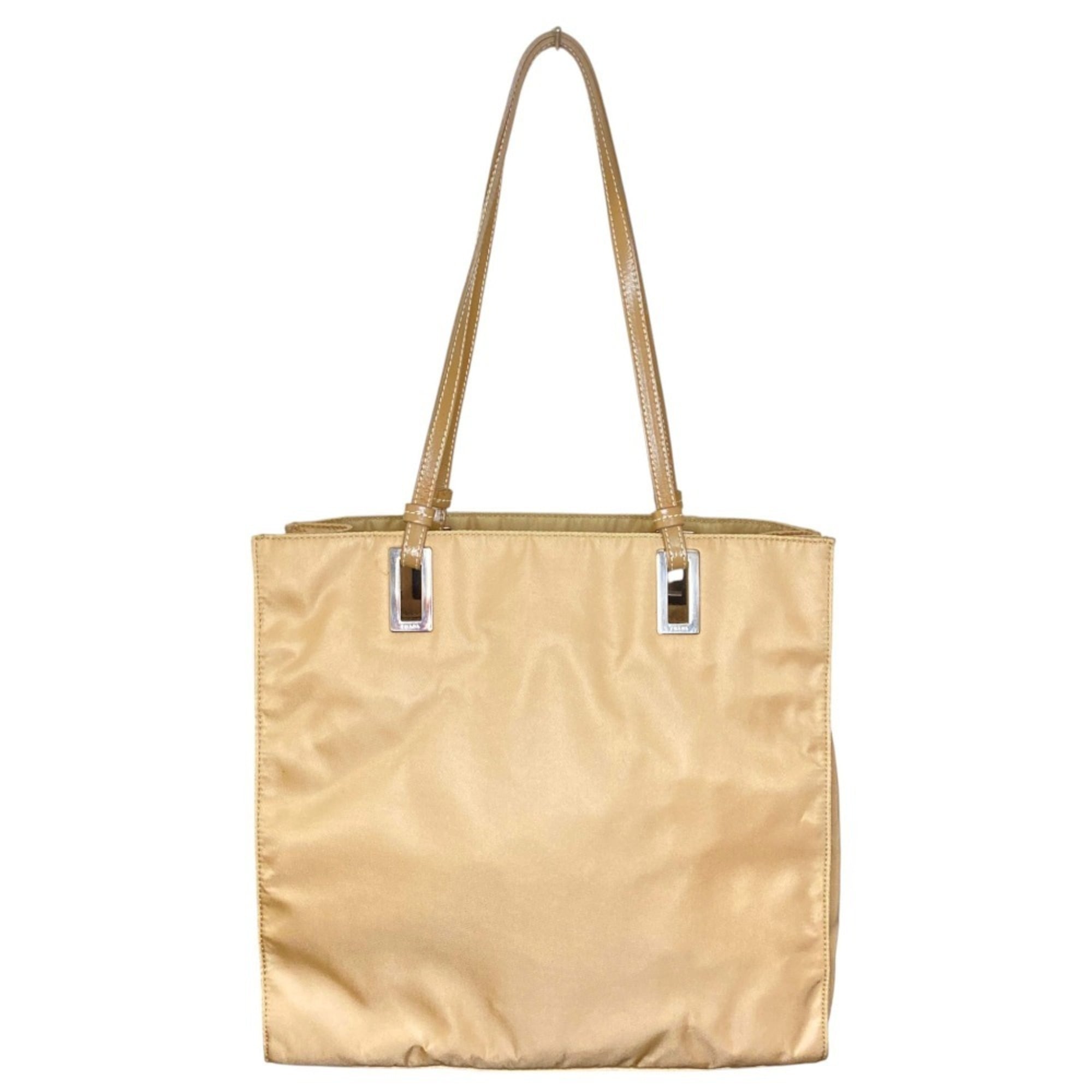 PRADA Prada Triangle Logo Plate Leather Handle Nylon Tote Bag BR1566 Beige Women's