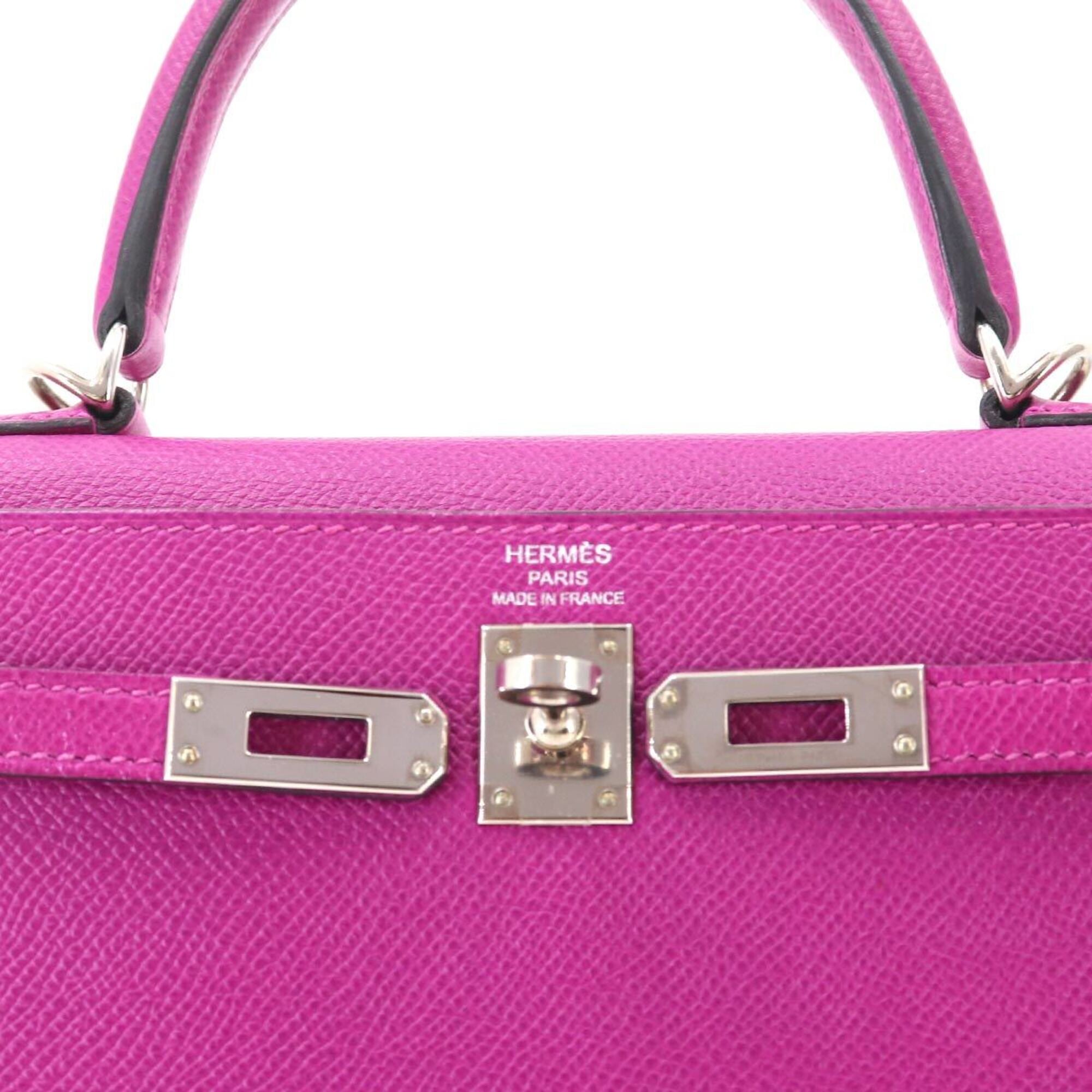 Hermes Kelly 25 Epsom Rose Purple 2-way Handbag Shoulder Bag with external stitching, C stamp, silver hardware — Like New