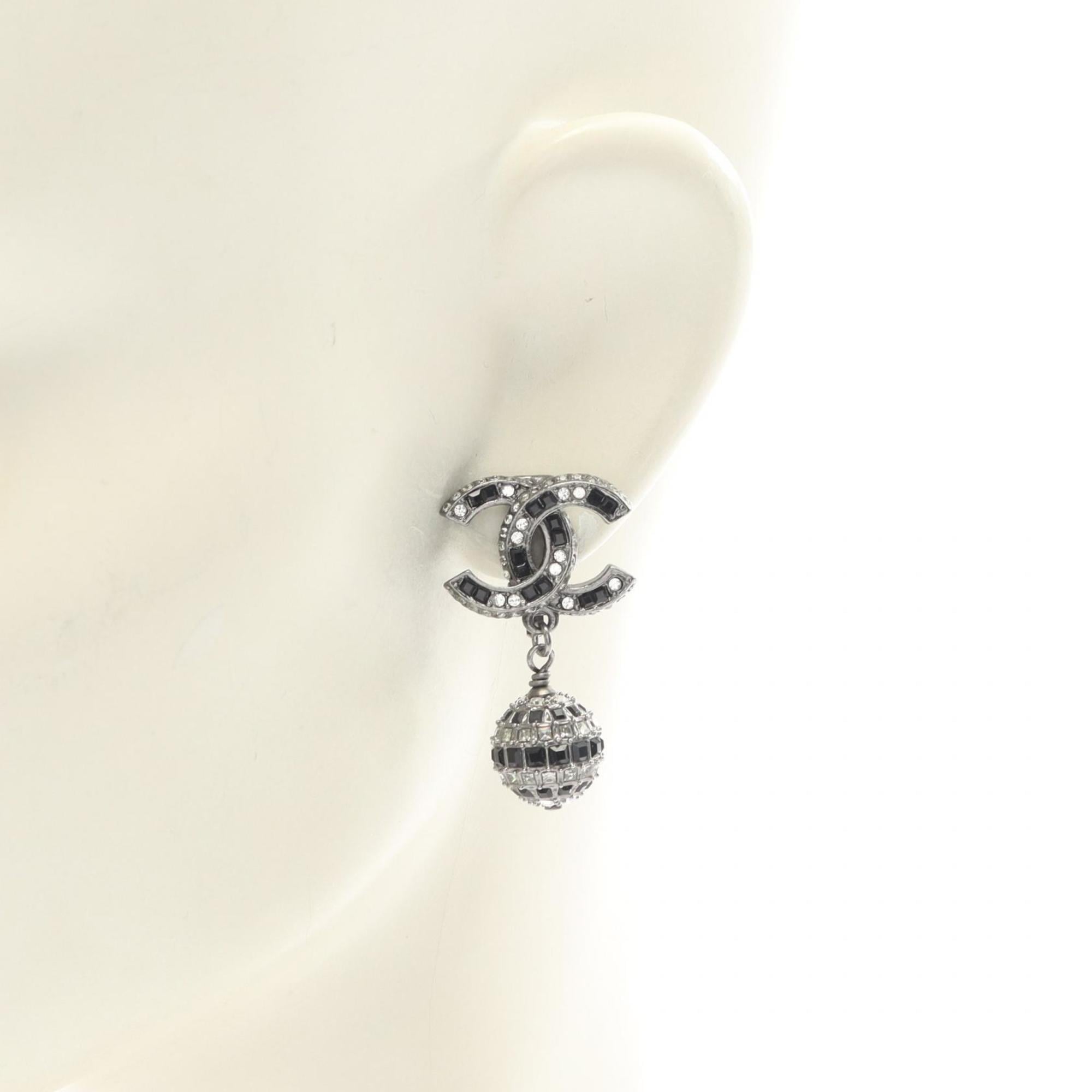 CHANEL Coco Mark Earrings, Stainless Steel with Rhinestones, Women's, Silver, Black, Clear